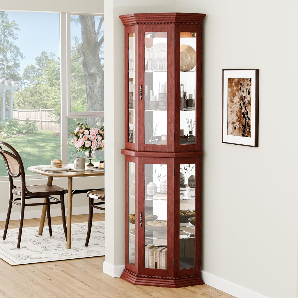 70' H Lighted Corner Display Cabinet, Wooden Storage Display Case with Tempered Glass Doors, Accent Cabinet with Adjustable Shelves for Living Room, Cherry
