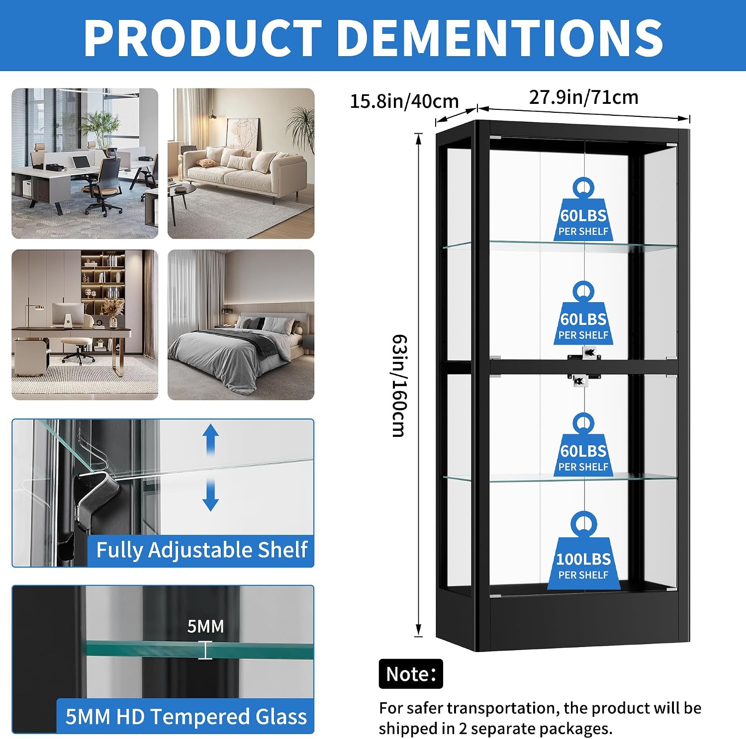 Glass Display Cabinet with 13-Color Light, 63' 4-Tier Curio Cabinet with 4 Glass Doors & Lock, Lighted Display Case with Adjustable Shelves for Collectibles Figures Trophy (Black)