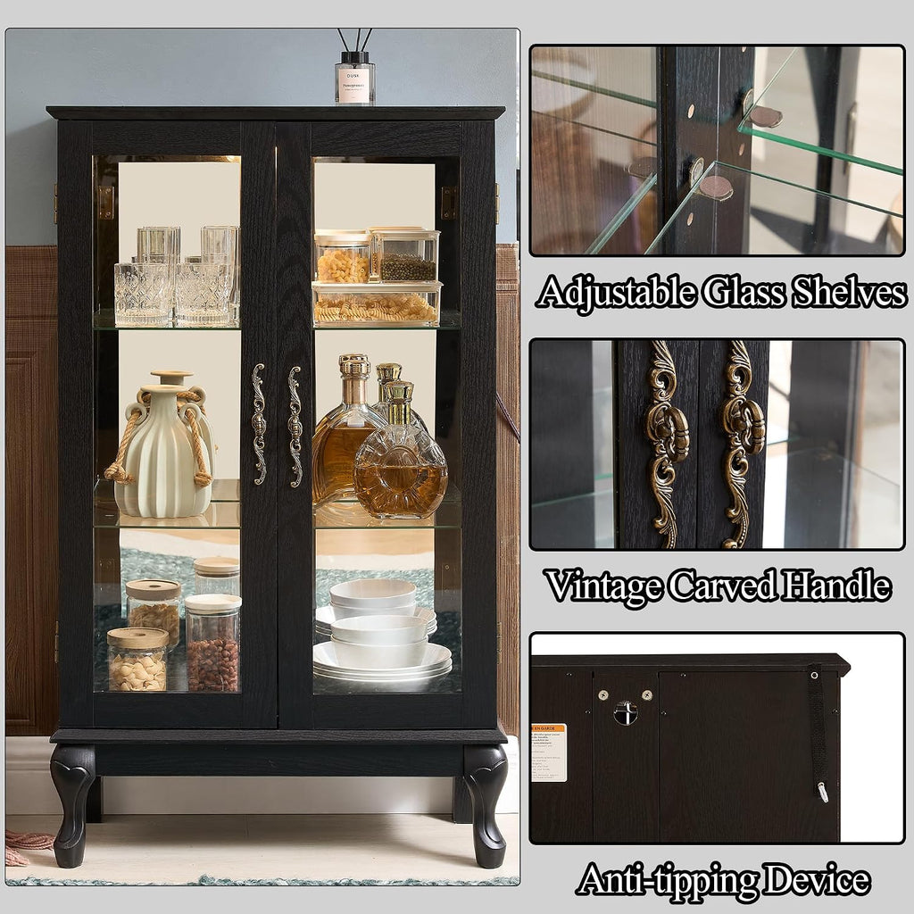 43' H Lighted Glass Curio Display Cabinet, 3-Tier Glass Accent Storage Cabinet Curio Showcase w/Adjustable Shelves,Wine Artwork Storage Rack w/Mirrored Back Panel for Living Room(Black)