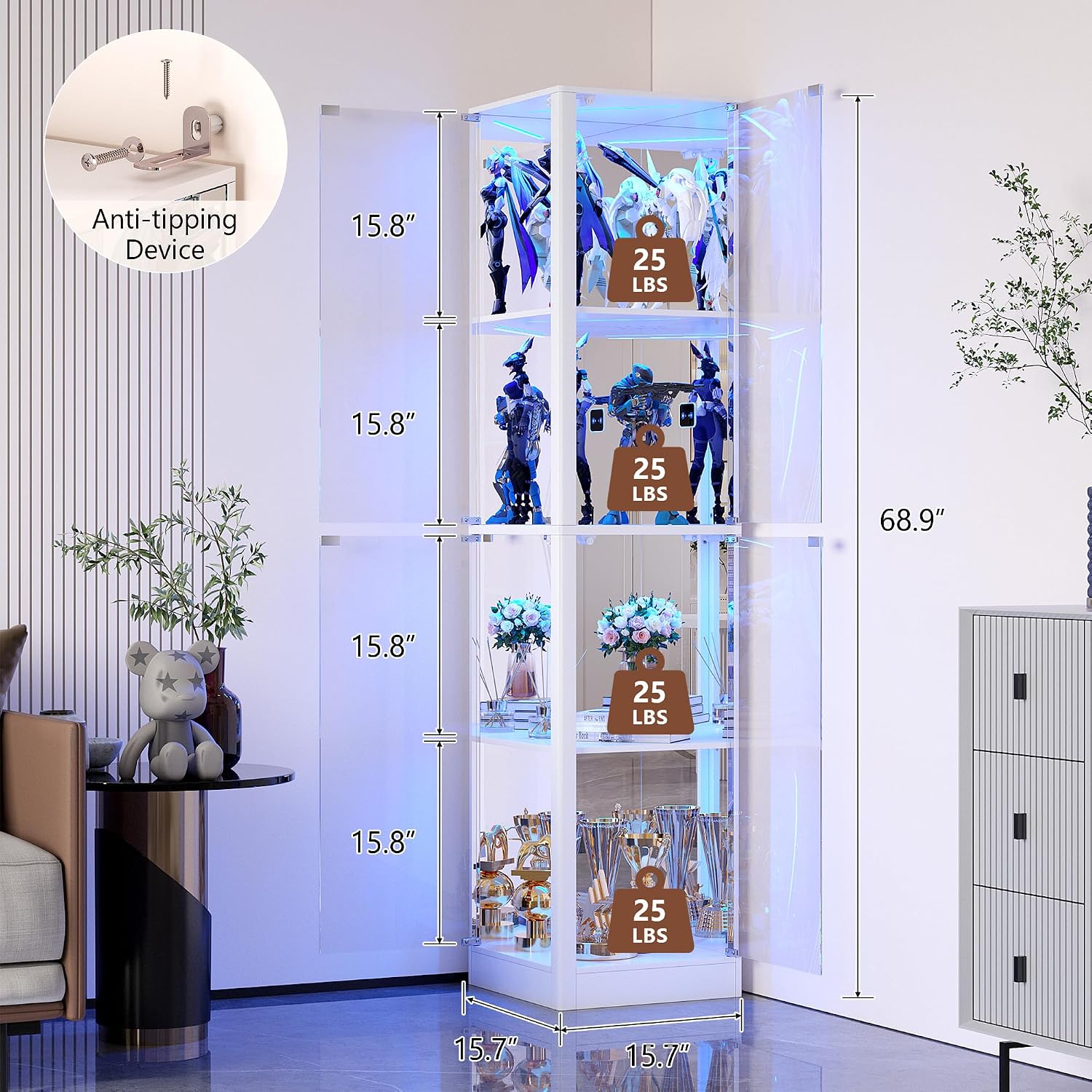 Corner Display Cabinet with Glass Doors, 4 Tier Corner Shelf with LED Lights, 68' Display Case for Collectibles, Toys, Books, Curio Storage Cabinet, White