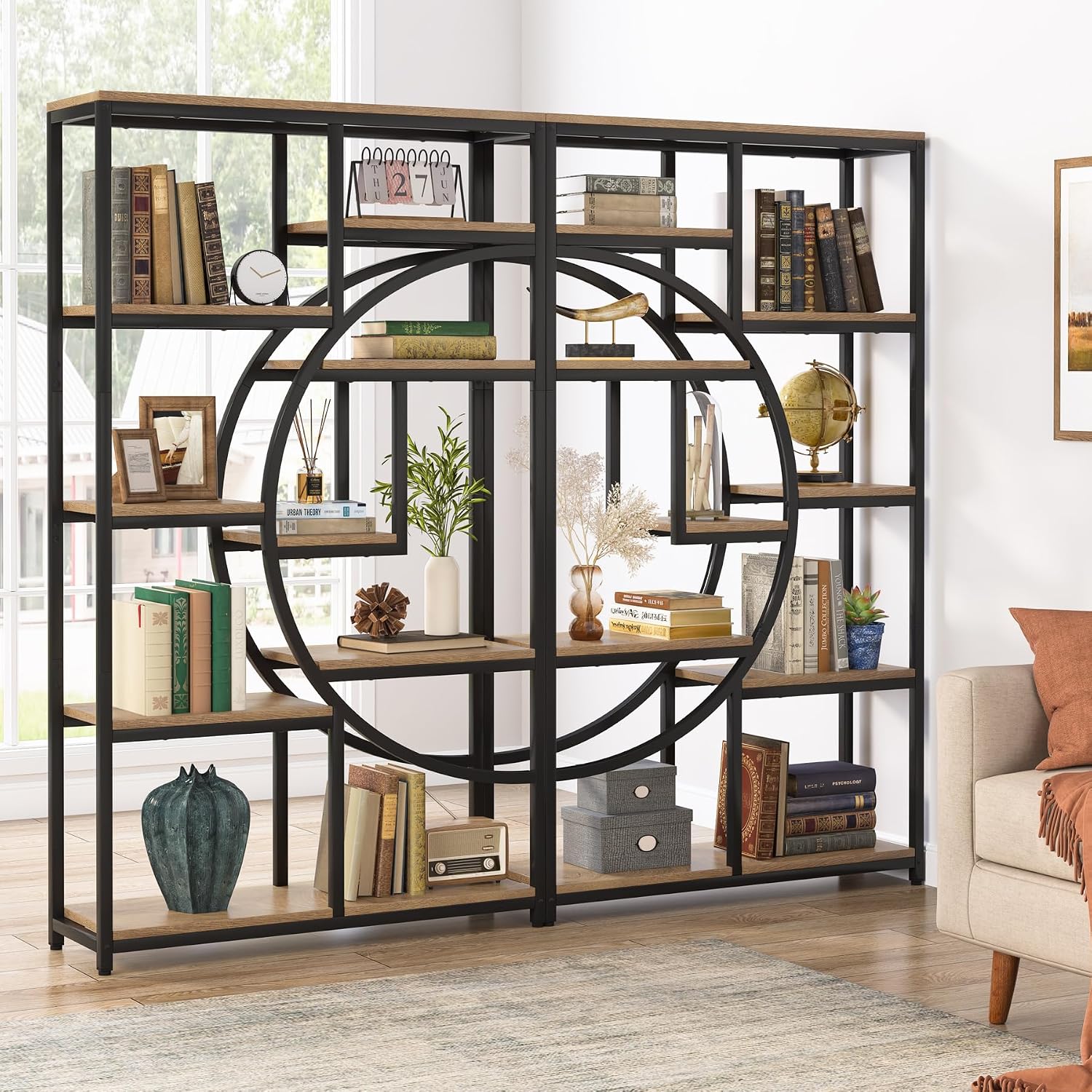 Tribesigns Bookshelf Industrial 5 Tier Etagere Bookcase, Freestanding Tall Bookshelves Display Shelf Storage Organizer with 9-Open Storage Shelf for Living Room, Bedroom (Light Oak)