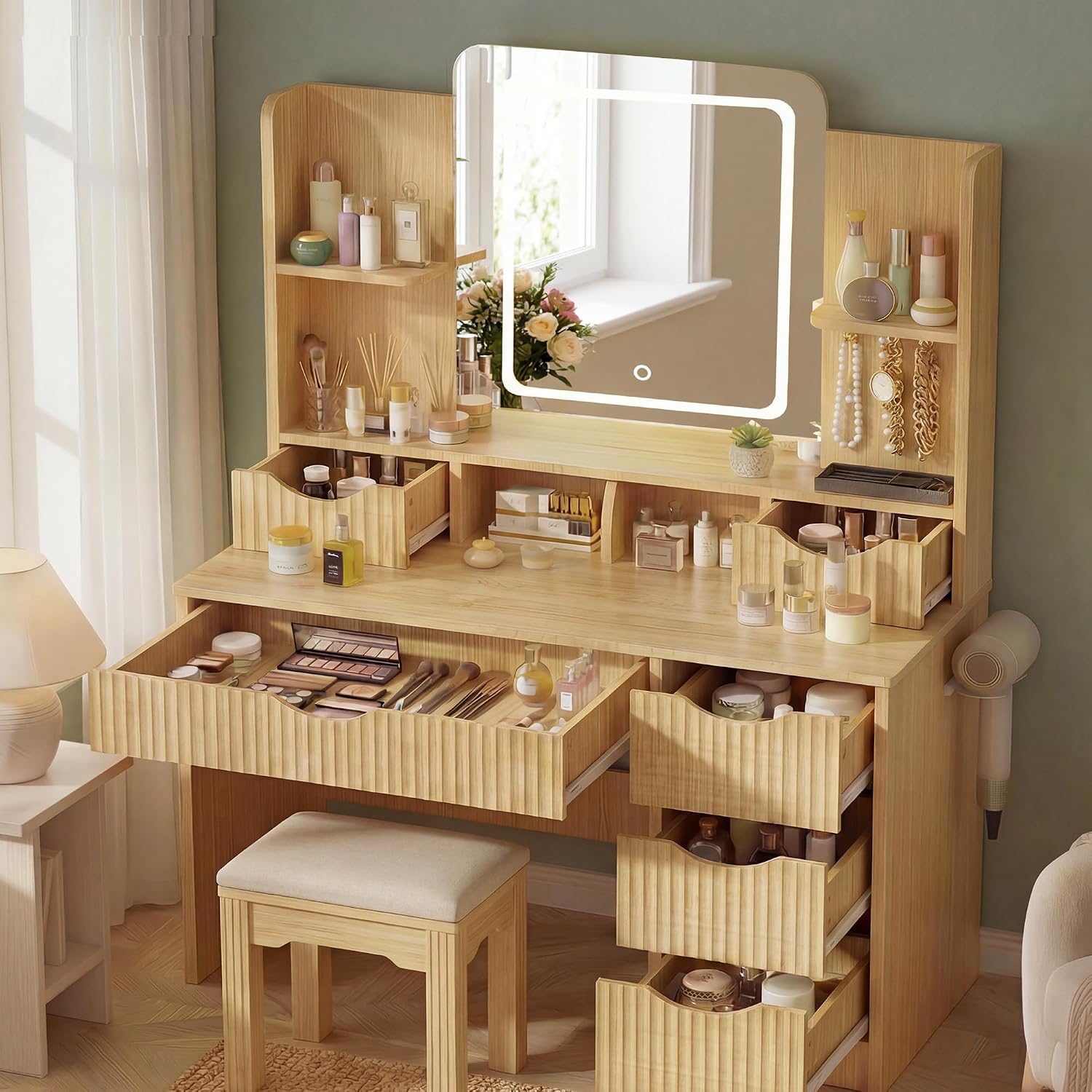 Vanity Desk with Mirror and Lights, Makeup Vanity Table with Large 6 Drawers Modern Fluted Wooden Dressing Table with Jewelry Hook 3 Color Modes Adjustable LED Mirror for Women Girls Bedroom or Dorm