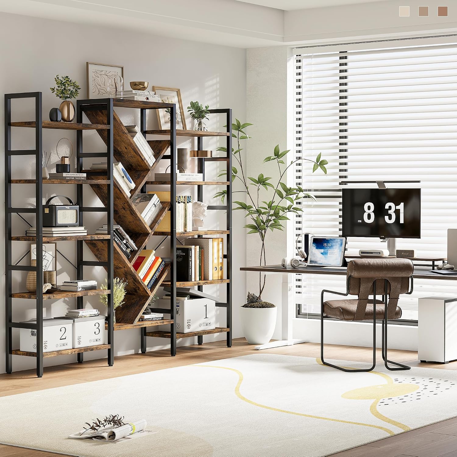 INNOD 70x70 Triple 5 Tier Book Shelf, Large Wooden Bookcase with 17 Open Display Shelf, Modern Tree Bookshelf Metal Frame Tall Book Case Furniture for Living Room Bedroom Home Office Rustic Brown