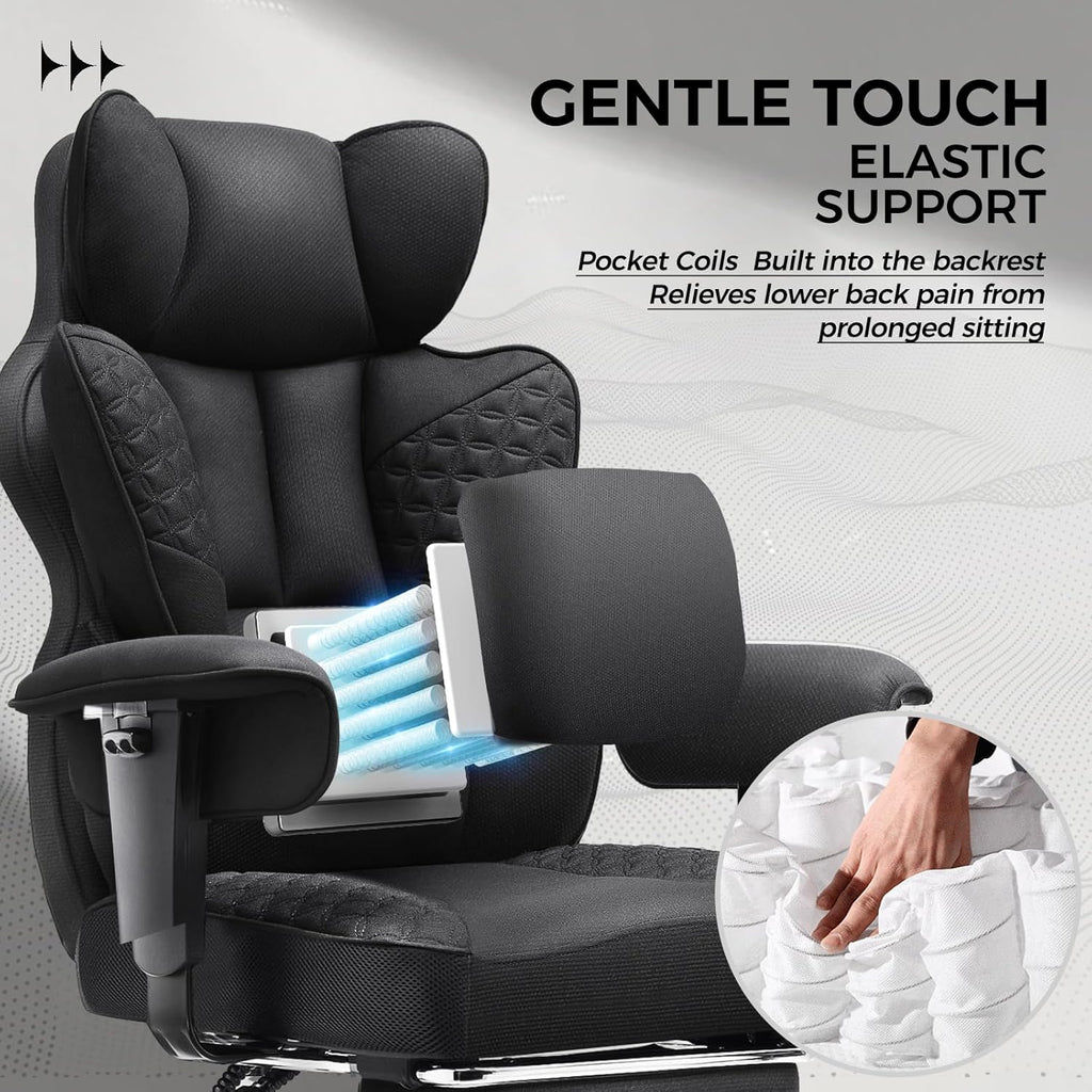 COMHOMA Big and Tall Office Chair Heavy Duty Wide Ergonomic Fabric Deluxe Embossing Designed Gaming Chair with Foot Rest,150°Reclining Adjustable Armrests Pocket Spring Back Support and Pillow