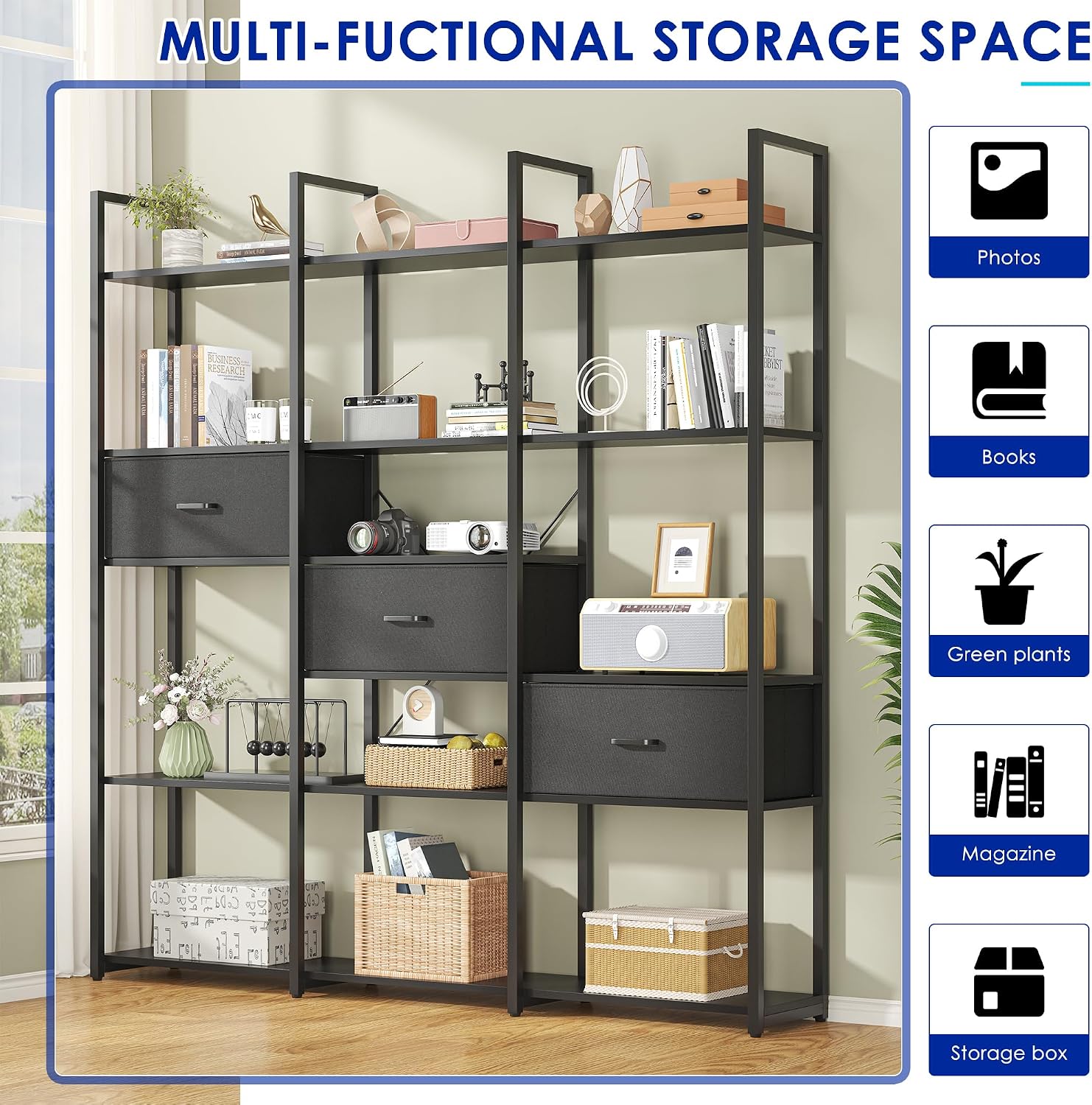 Nosepen 73.6' Tall Bookshelf with 3 Drawers and 16 Storage Shelves, Industrial Bookcase with 16 Open Display Shelves, Large Etagere Bookshelf, Triple Wide Book Shelf Book Case for Home & Office, Black