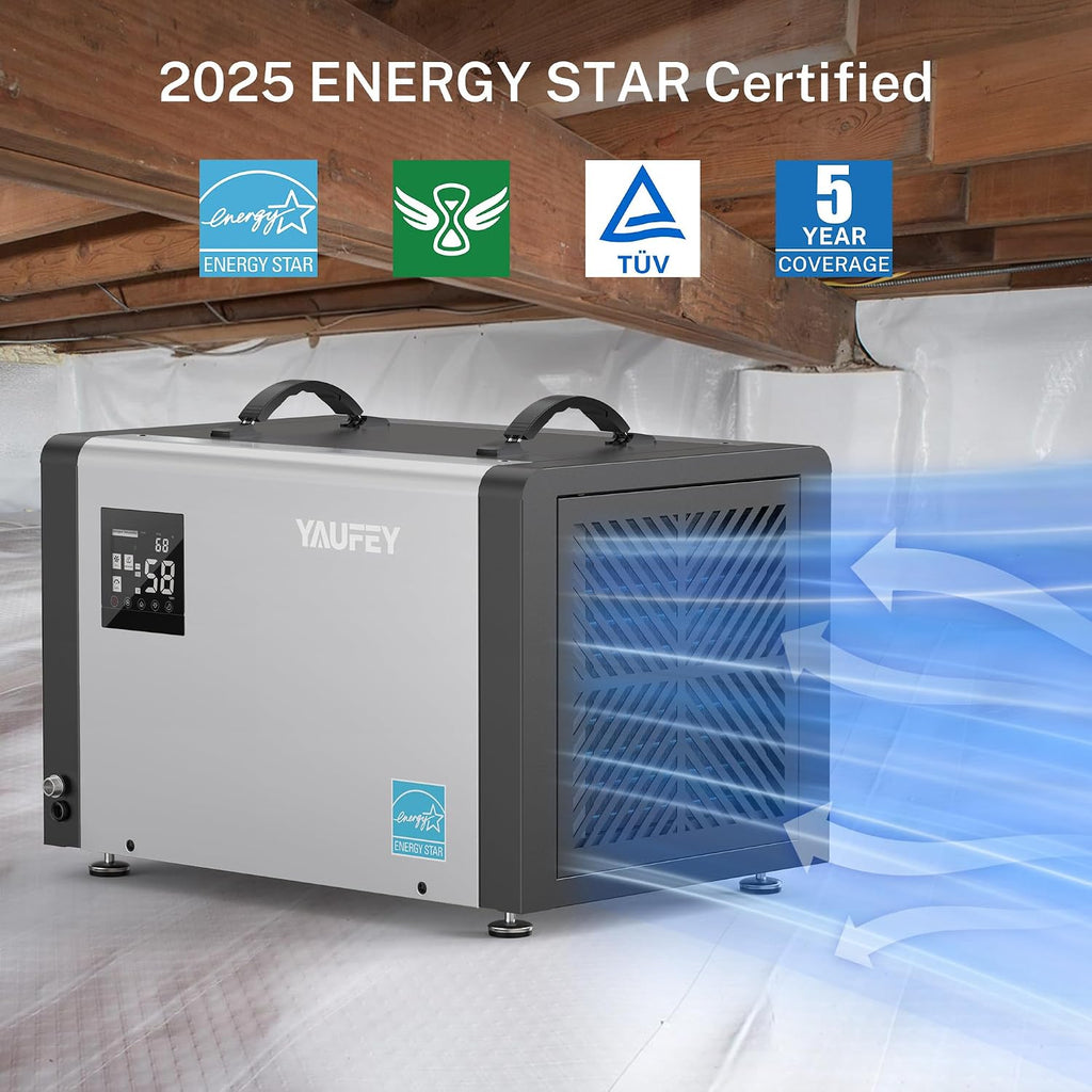 Yaufey 70 Pints Energy Star Commercial Dehumidifier with Drain Hose for 5000 Sq. Ft. Crawl Space, Basement, Industrial, 10-90% RH Humidity Control, 24/7 Continuous Drainage,TUV Certified,5-Yr Coverage