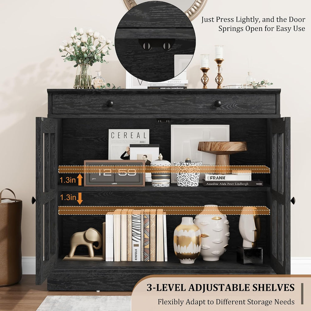 GarveeHome 35.4 in Sideboard Buffet Cabinets with Glass Door, Buffet Cabinet with Storage, Black Sideboard Cabinet with Drawer, Modern Buffets & Sideboards for Dining Room, Kitchen