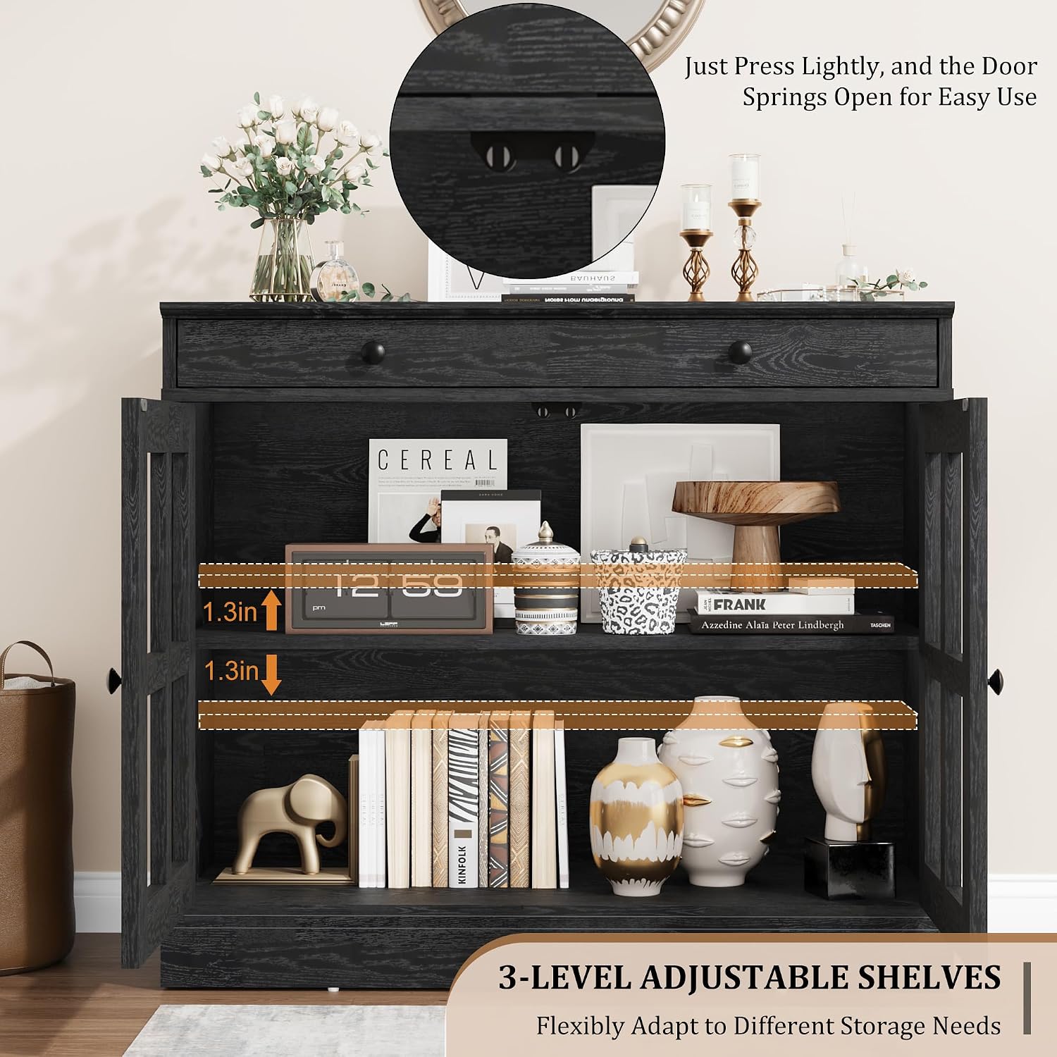 GarveeHome 35.4 in Sideboard Buffet Cabinets with Glass Door, Buffet Cabinet with Storage, Black Sideboard Cabinet with Drawer, Modern Buffets & Sideboards for Dining Room, Kitchen