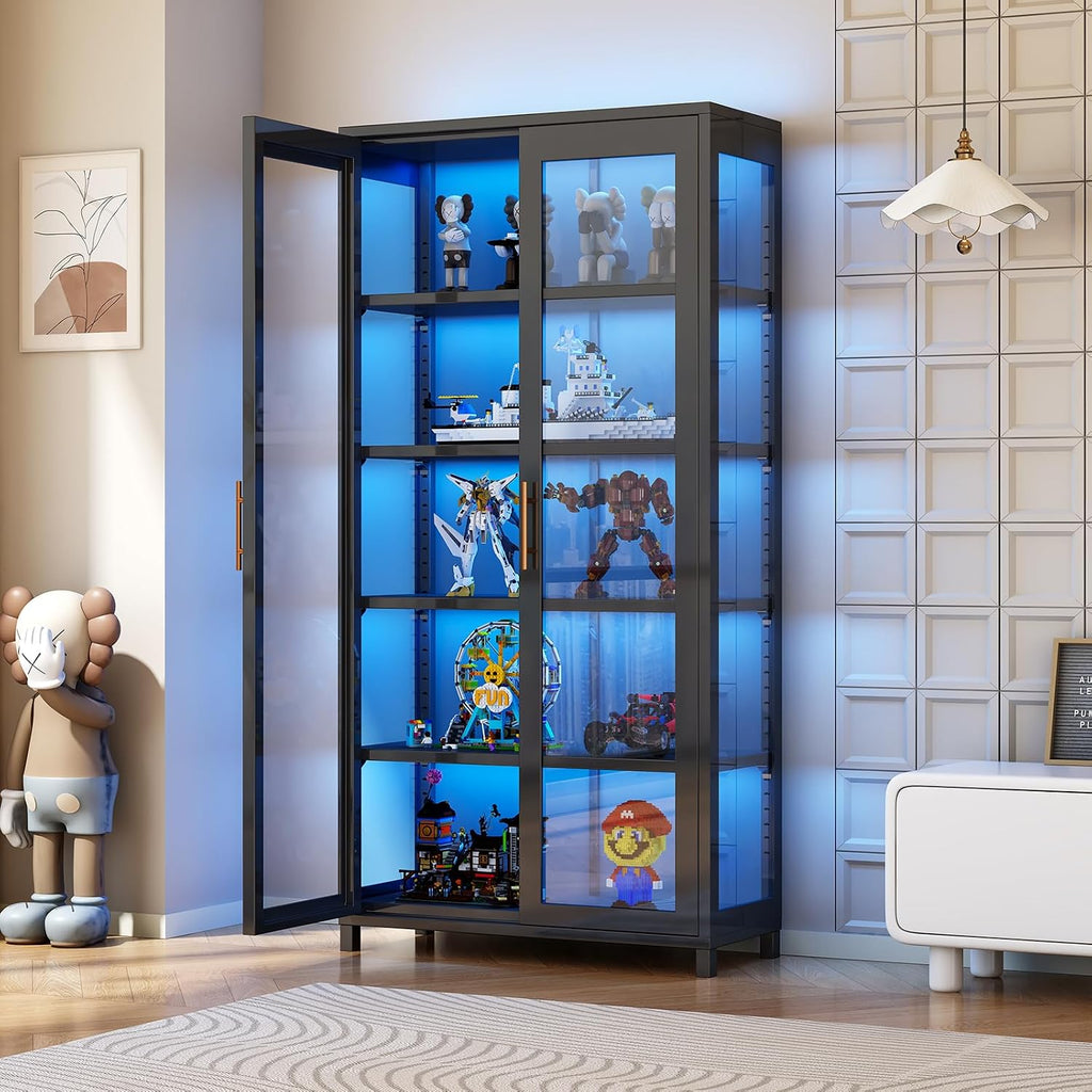 5-Tier Curio Display, Display Cabinet with Glass Door, Collectibles Toy Organizers Rack & Display Case, Bookcase for Bedroom, Office, Toddler's Room
