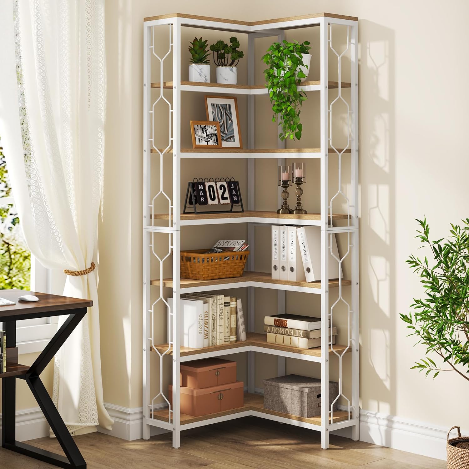 Tribesigns Corner Shelf, 7-Tier Industrial Corner Bookshelf, Wood and Metal Corner Etagere Bookcase, Freestanding Display Shelf for Living Room, Kitchen, Home Office, White and Walnut