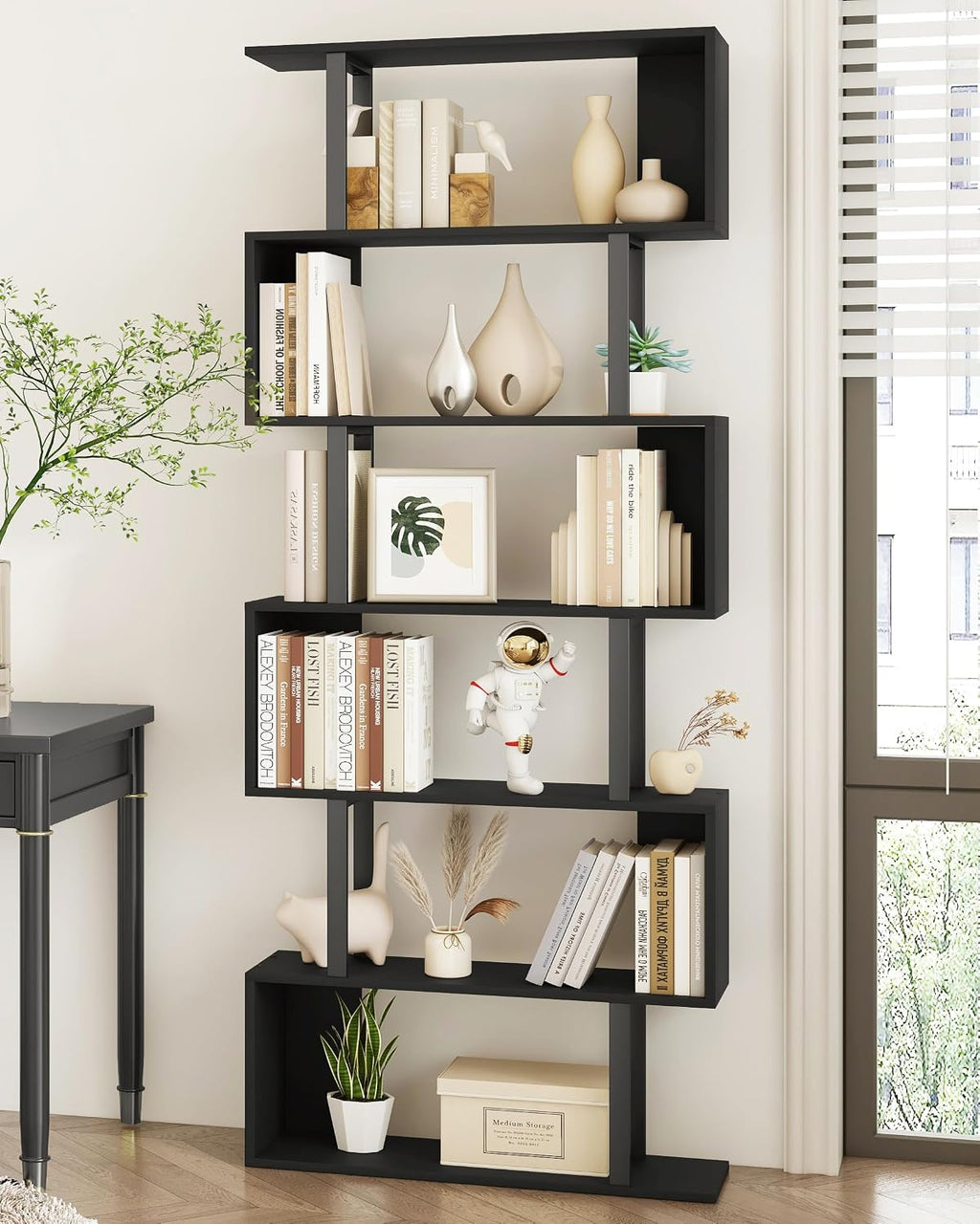Yusong S Shaped Bookshelf, Modern Geometric Bookcase, 6-Tier Black Display Case Book Shelf