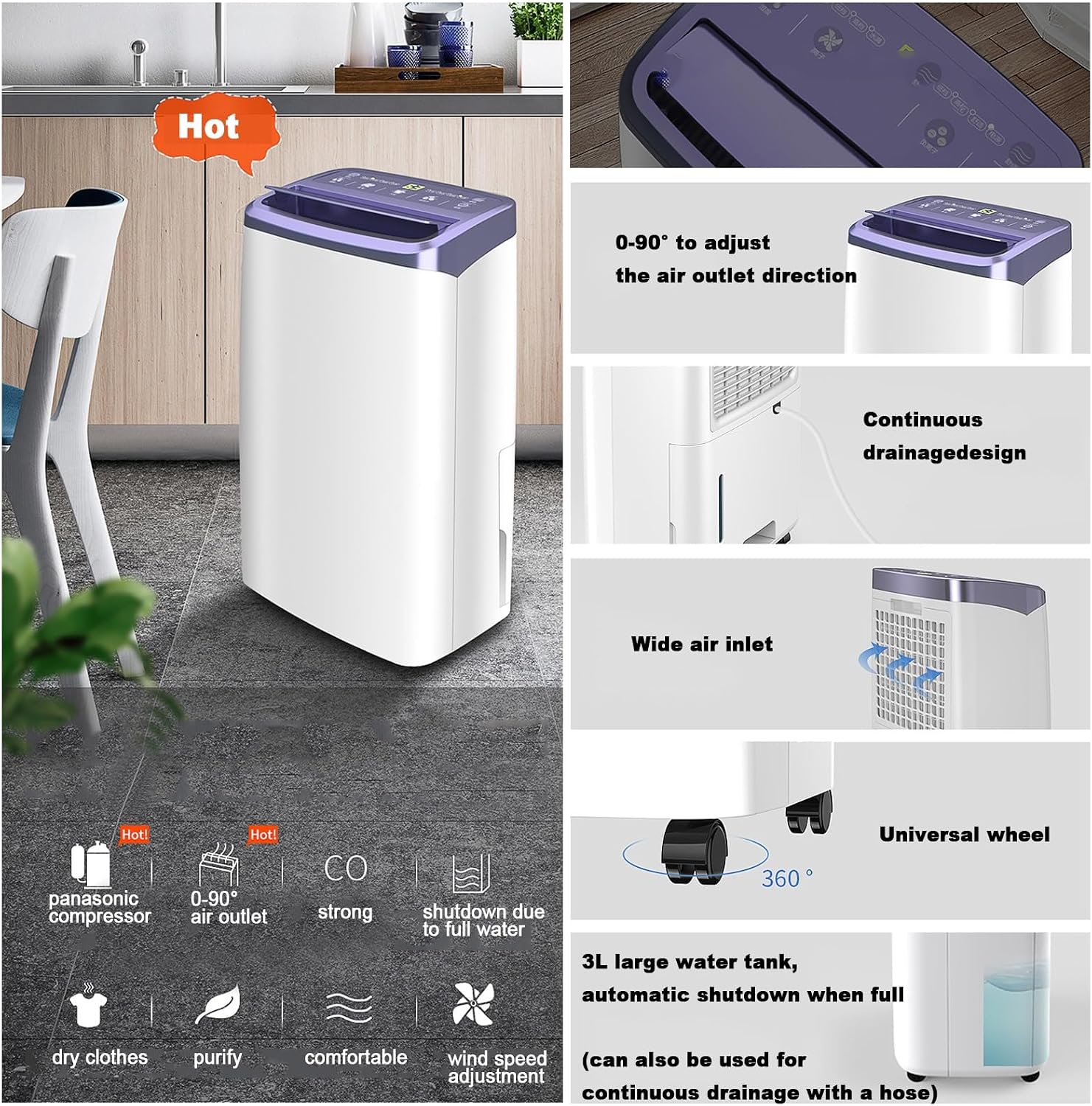Air Purifying & Dehumidifier Combo, Home Dehumidifier, Dehumidifier with Drain Air Purifiers for Bedroom Home Pets - 16L/D,
