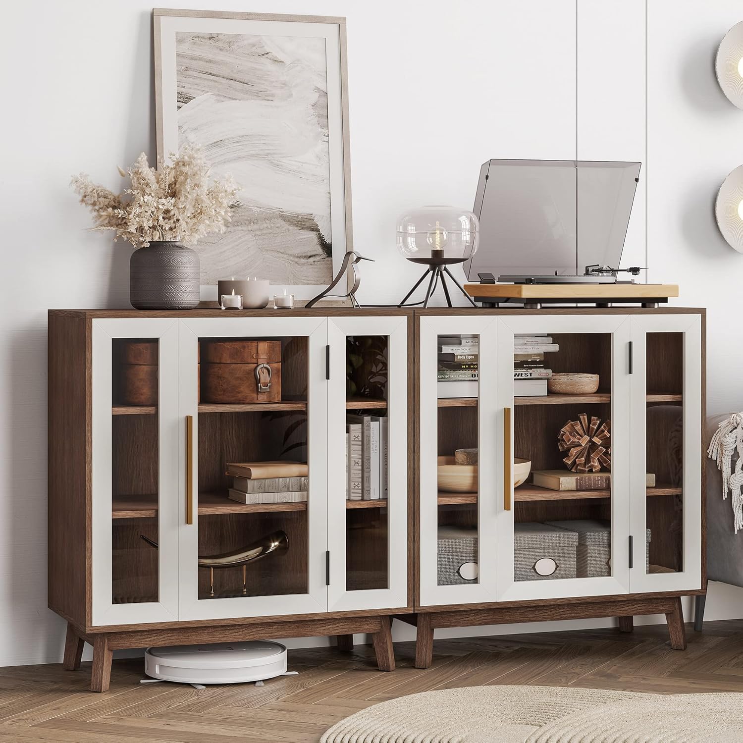 BELLEZE 31' Modern Display Curio Cabinet, 3-Tier White Storage Buffet with Tempered Glass Doors & Adjustable Shelves for Dining Room, Kitchen, Living Room & Office - White