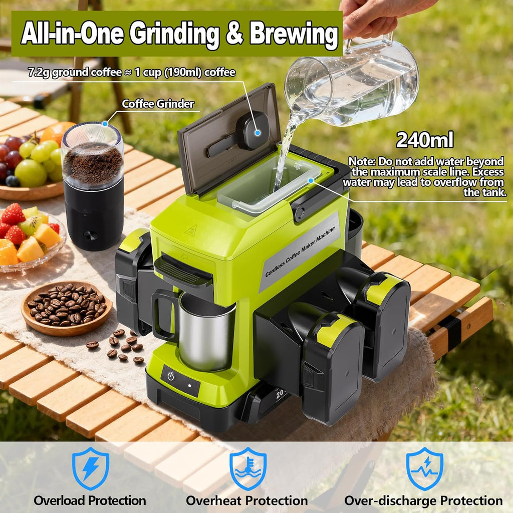 Taingwei Cordless Coffee Maker for Ryobi 18V Battery, Portable Drip Coffee Maker with Electric Coffee Grinder for RV, Camping, Travel, Car, Hiking (Battery Not Included)