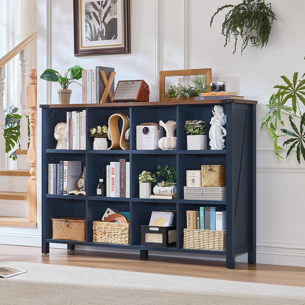 Joaxswe 12 Cube Storage Organizer, Farmhouse 62 Inch Wide Navy Blue Display Bookshelf, Wooden 3 Tier Large Open Book Shelf, Vintage Bookcase for Home Office, Cubby Cabinet for Living Room, Bedroom