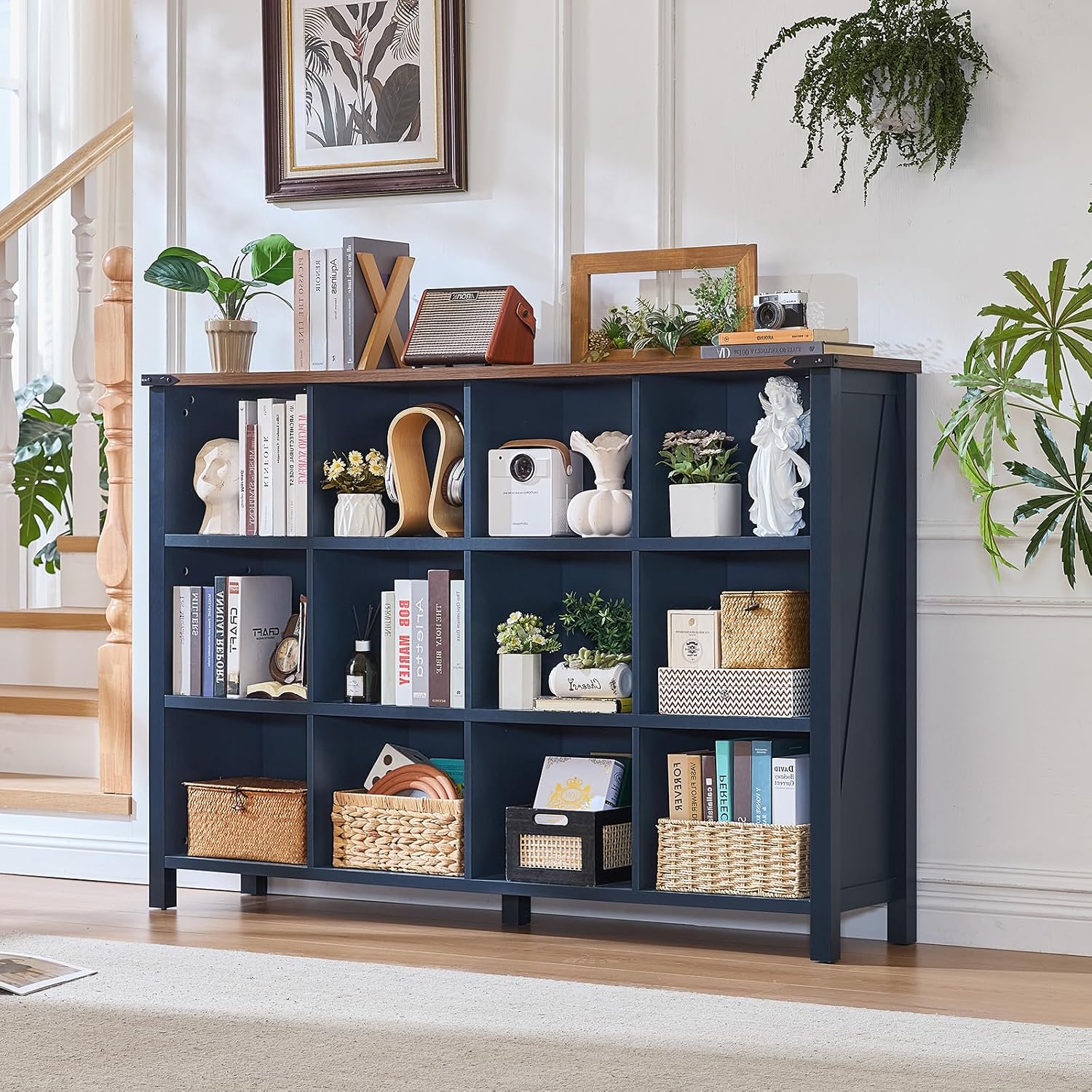 Joaxswe 12 Cube Storage Organizer, Farmhouse 62 Inch Wide Navy Blue Display Bookshelf, Wooden 3 Tier Large Open Book Shelf, Vintage Bookcase for Home Office, Cubby Cabinet for Living Room, Bedroom