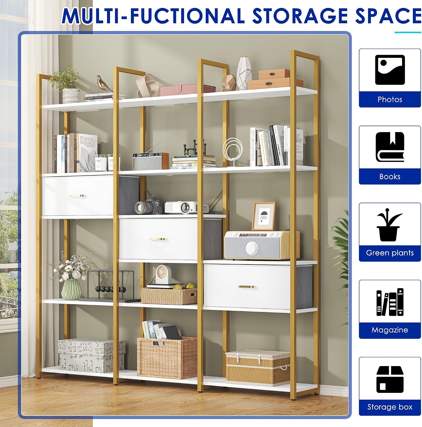 Nosepen 73.6' Tall Bookshelf with 3 Drawers and 16 Storage Shelves, Industrial Bookcase with 16 Open Display Shelves, Large Etagere Bookshelf, Triple Wide Book Shelf Book Case for Home & Office, Gold