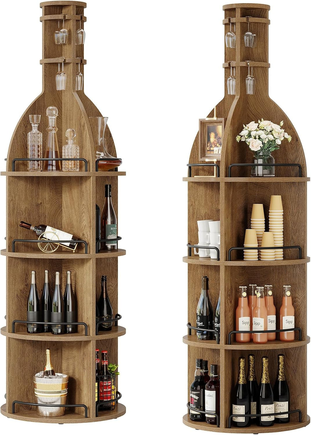 Tribesigns 75-Inch Tall Wine Rack with Storage Shelves, Industrial Round Wine Cabinet with Goblet Holder, Freestanding Bar Liquor Bottle Display Shelf for Living Room, Basement, Brown (Set of 2)
