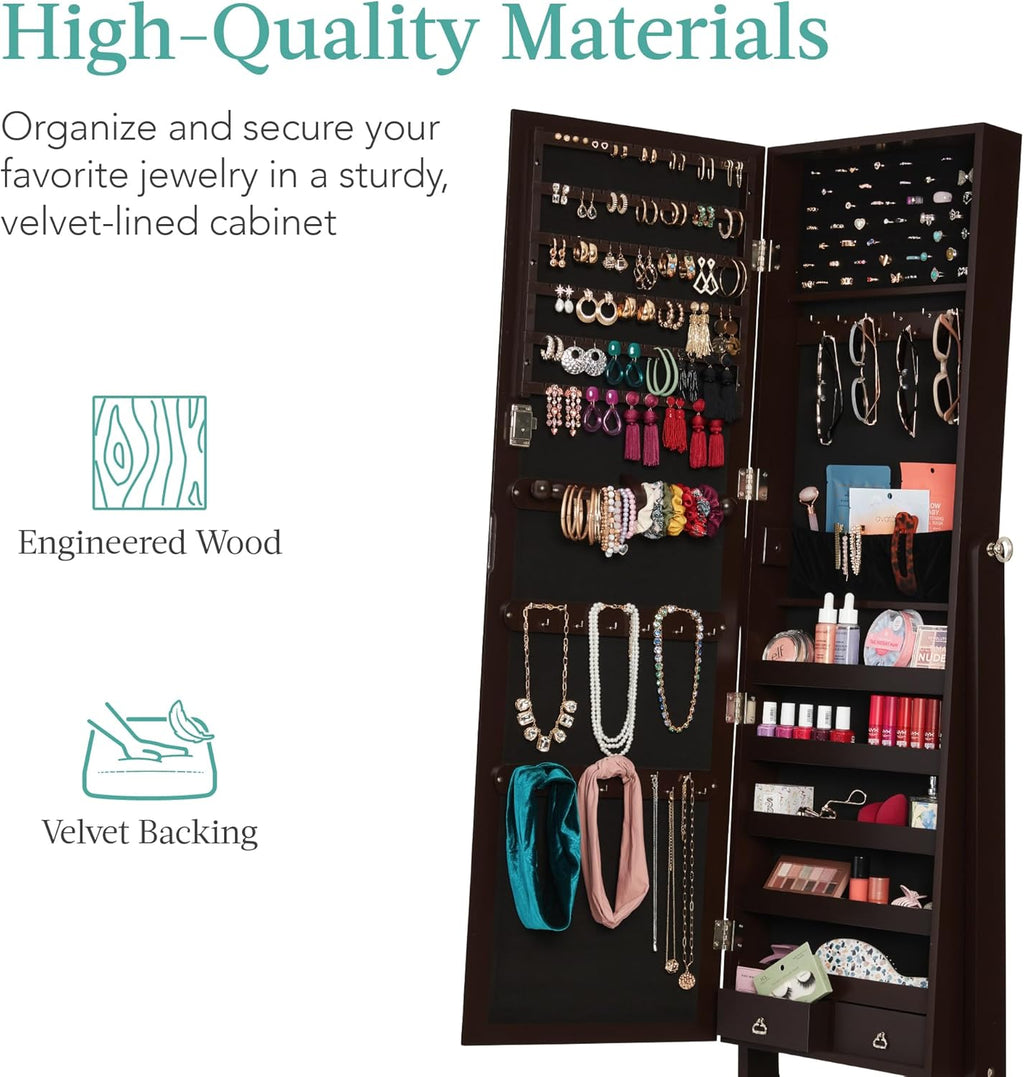 Best Choice Products Freestanding Jewelry Armoire Cabinet, Full Length Standing Mirror, Lockable Makeup Storage Organizer, w/Velvet Lining, 3 Angles, Lock, Accessory Pouch, 5 Shelves - Espresso