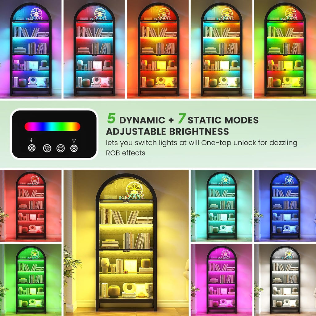 HNEBC Arched Book Shelf with Glass Doors, LED Bookcase with RGB Lights, 5 Tier Cabinet Has 9-Cube Storage, 69' Display Cabinet for Music-Synced Lighting Living Room,Bedroom(Black)