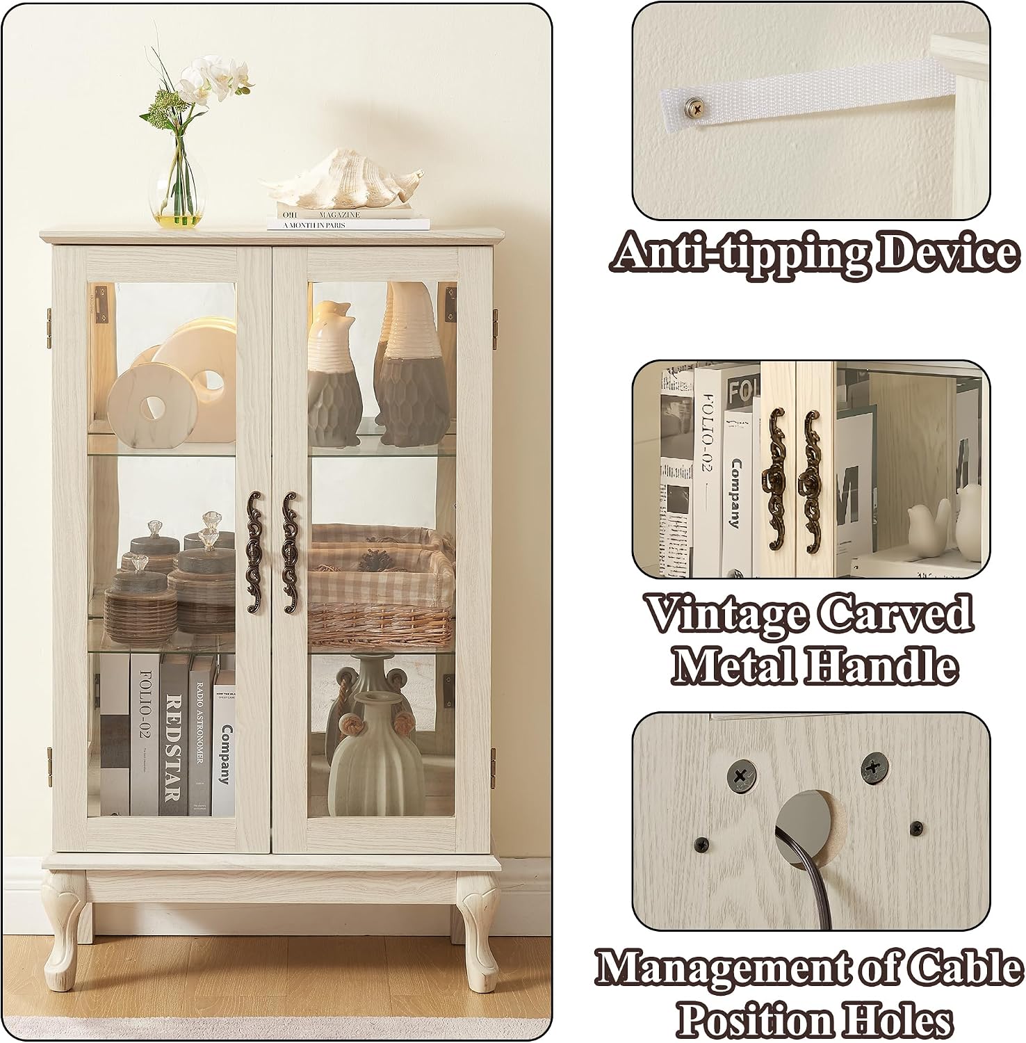 43' H Lighted Curio Cabinet Display Case, Glass Curio Cabinet with Adjustable Shelves & Tempered Glass Door, Wooden Cabinets with Mirrored Back Pane for Living Room (Antique White)