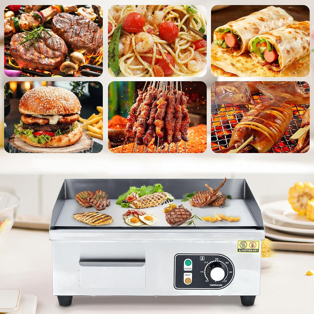 1600W 22' Half Flat Top Electric Griddle – Commercial-Grade Stainless Steel, Adjustable Temp, 2 Shovels/Brushes & Plug Included