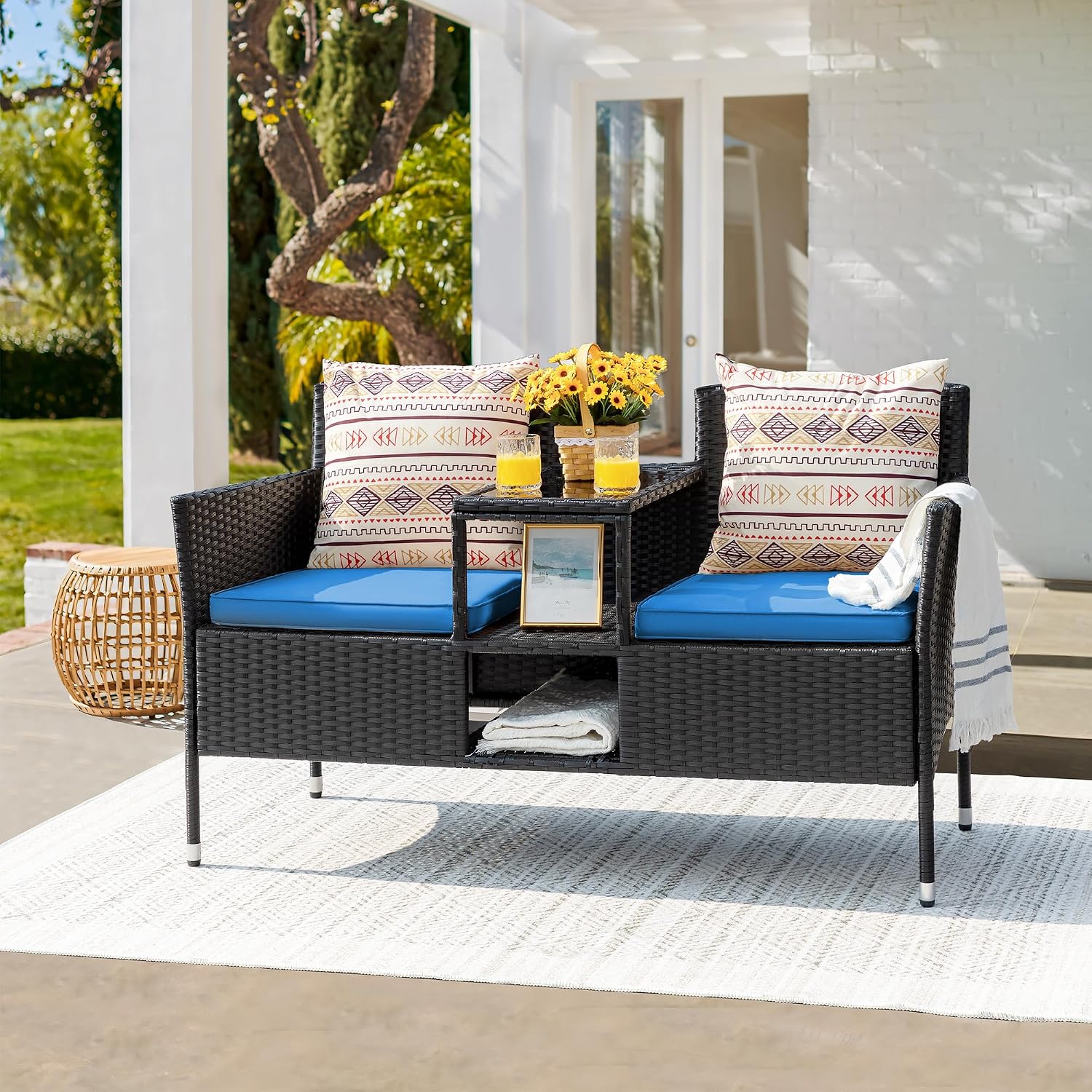Devoko Outdoor Patio Loveseat Modern Rattan 2-Seat Patio Conversation Set with Cushions & Built-in Coffee Table Porch Furniture for Garden Lawn Backyard (Blue)