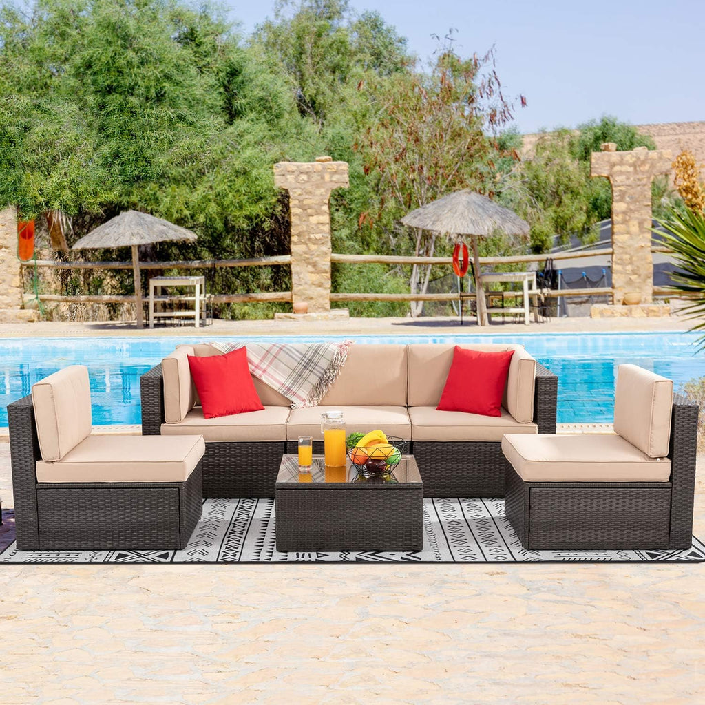 Vongrasig 6 Pieces Outdoor Patio Furniture Set, PE Wicker Rattan Sectional Sofa Small Patio Conversation Sets with Coffee Table for Garden, Backyard, Poolside (Beige)
