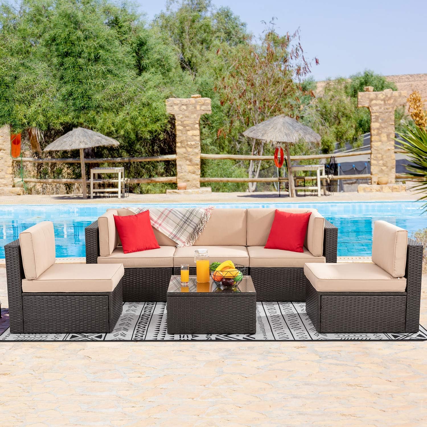 Vongrasig 6 Pieces Outdoor Patio Furniture Set, PE Wicker Rattan Sectional Sofa Small Patio Conversation Sets with Coffee Table for Garden, Backyard, Poolside (Beige)