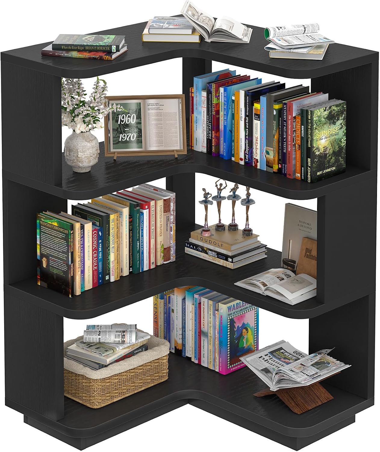 Armocity Corner Book Shelf - 4 Tier Corner Bookshelf Etagere Bookcase with Baffle, Freestanding L Shaped Display Shelf Stand for Home Office, Living Room, Bedroom, Kitchen, Black