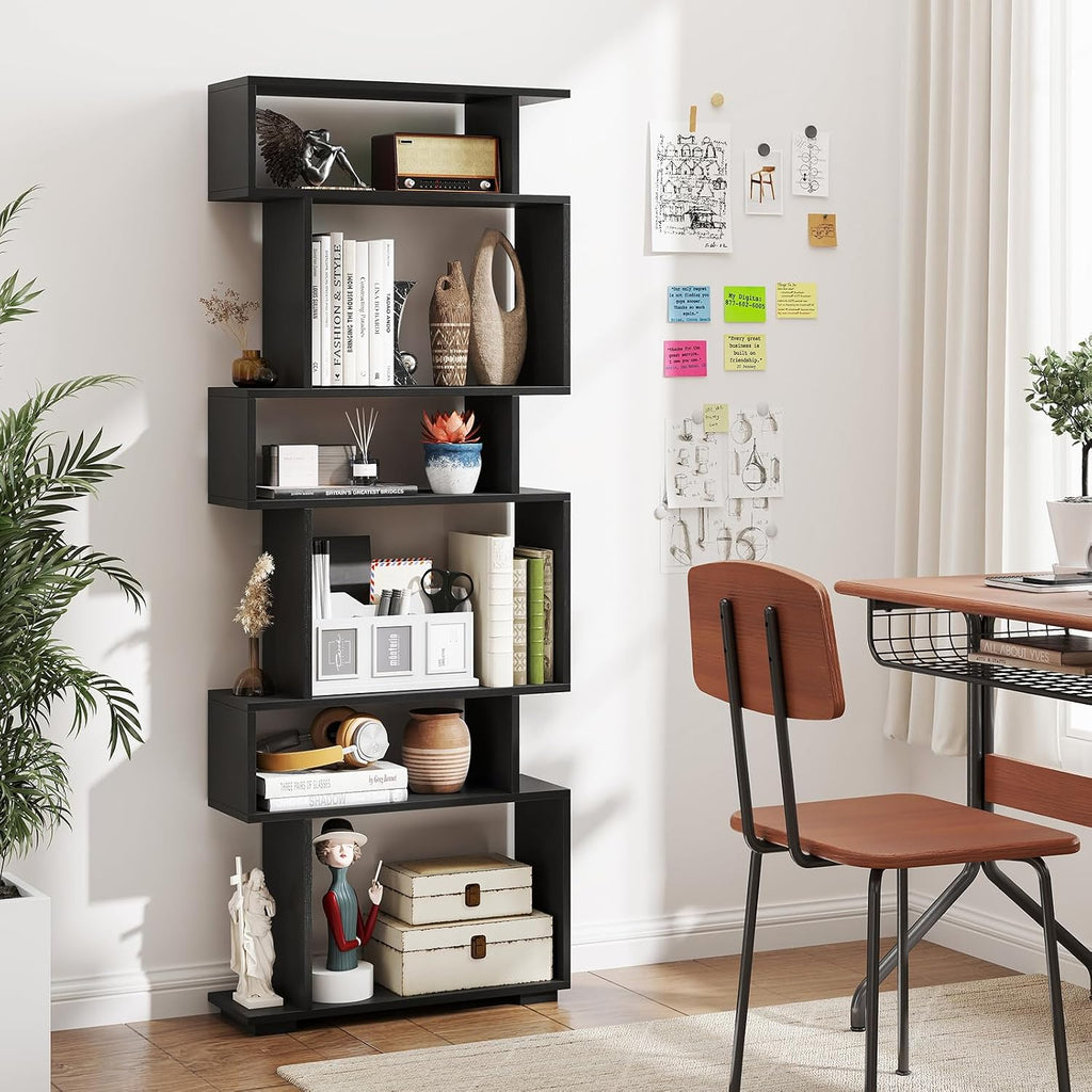 Tangkula 6-Tier S-Shaped Bookshelf, 64' Freestanding Geometric Bookcase, Home Office Wood Storage Shelf with Anti-Toppling Device, Room Divider Display Rack for Study, Living Room (2, Black)