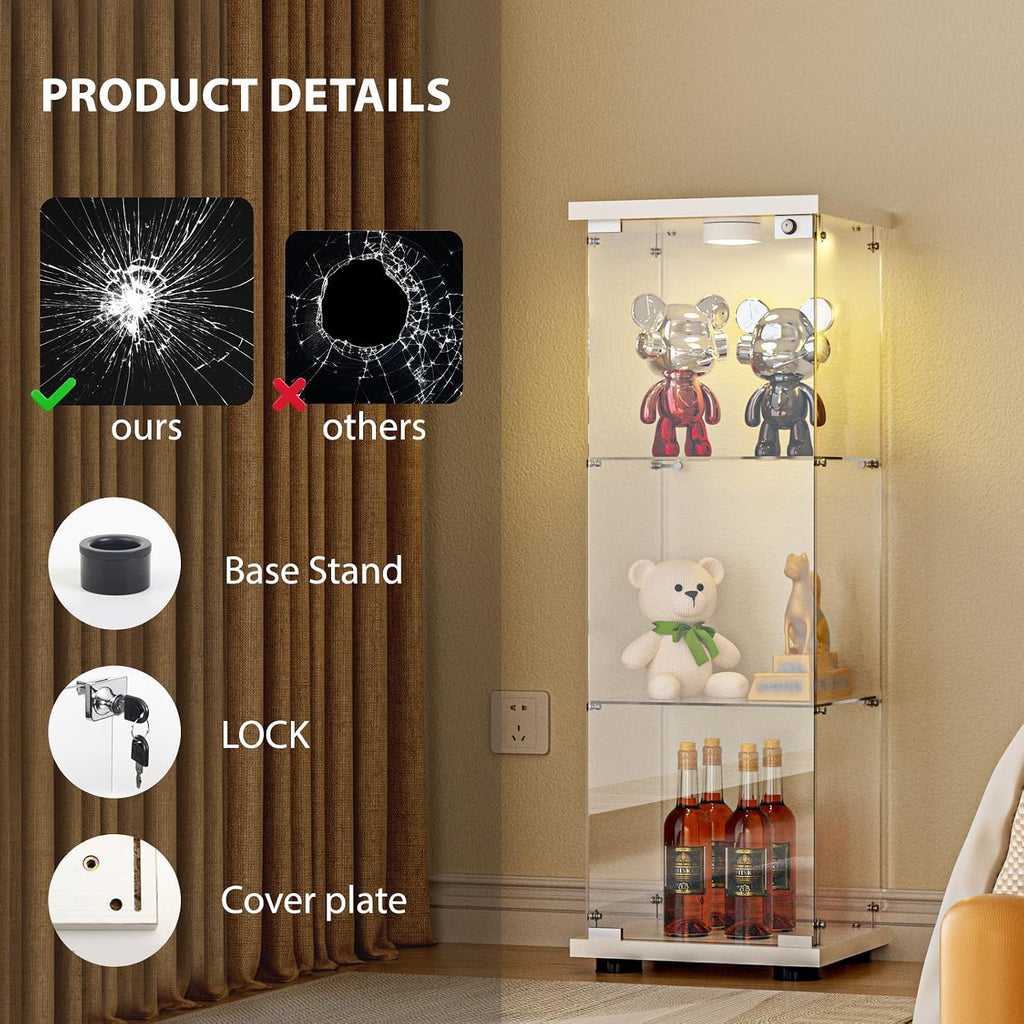 FANYUSHOW 3-Shelf Glass Display Cabinet with LED Light, Upgraded Quick-Install Style Curio Cabinets 5mm Tempered Glass Bookshelf for Bedroom, Living Room 49.1'x 16.7'x 14.3' White