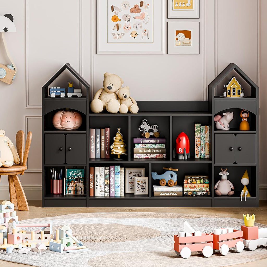 Vabches Castle Shape Children's Bookshelf, Kids Bookcase Display Case Kids Toy Storage Organizer Multifunctional Storage Cabinet Bookshelf Suitable for Playroom, Children's Room, Living Room, Black