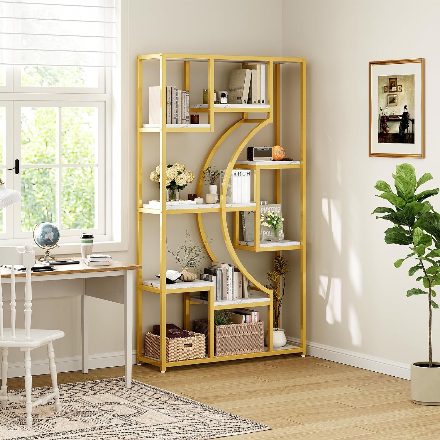 LGHM 79' W Luxury Marble-Patterned White Gold Bookshelf, Modern Geometric Half-Moon Style, Flexible Modular Open Storage Unit for Living Room, Home, Office