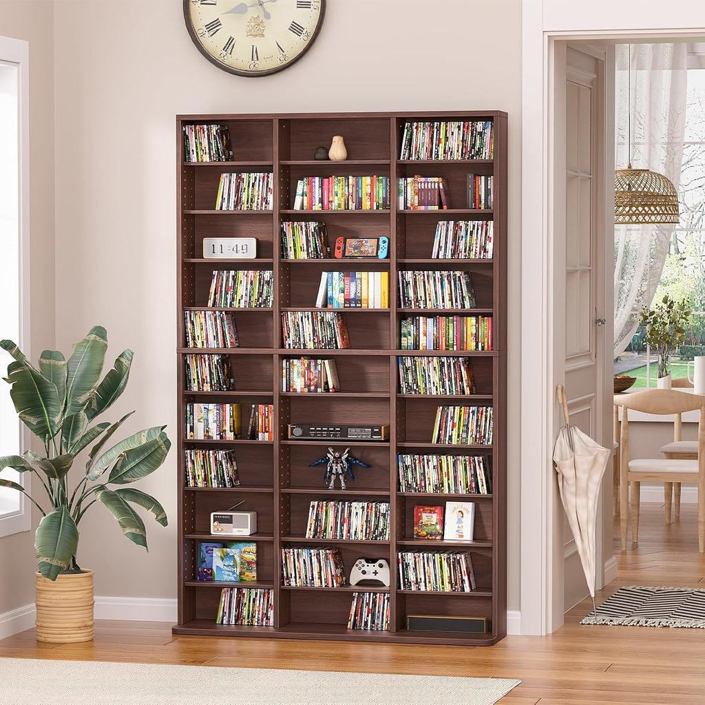 11 Tier Tall Display Cabinet, Walnut Media Storage Cabinet with Adjustable Shelves, Free Standing DVD Organizer Shelf, Floor multimedia storage manga bookshelf for Living Room & Home Office.