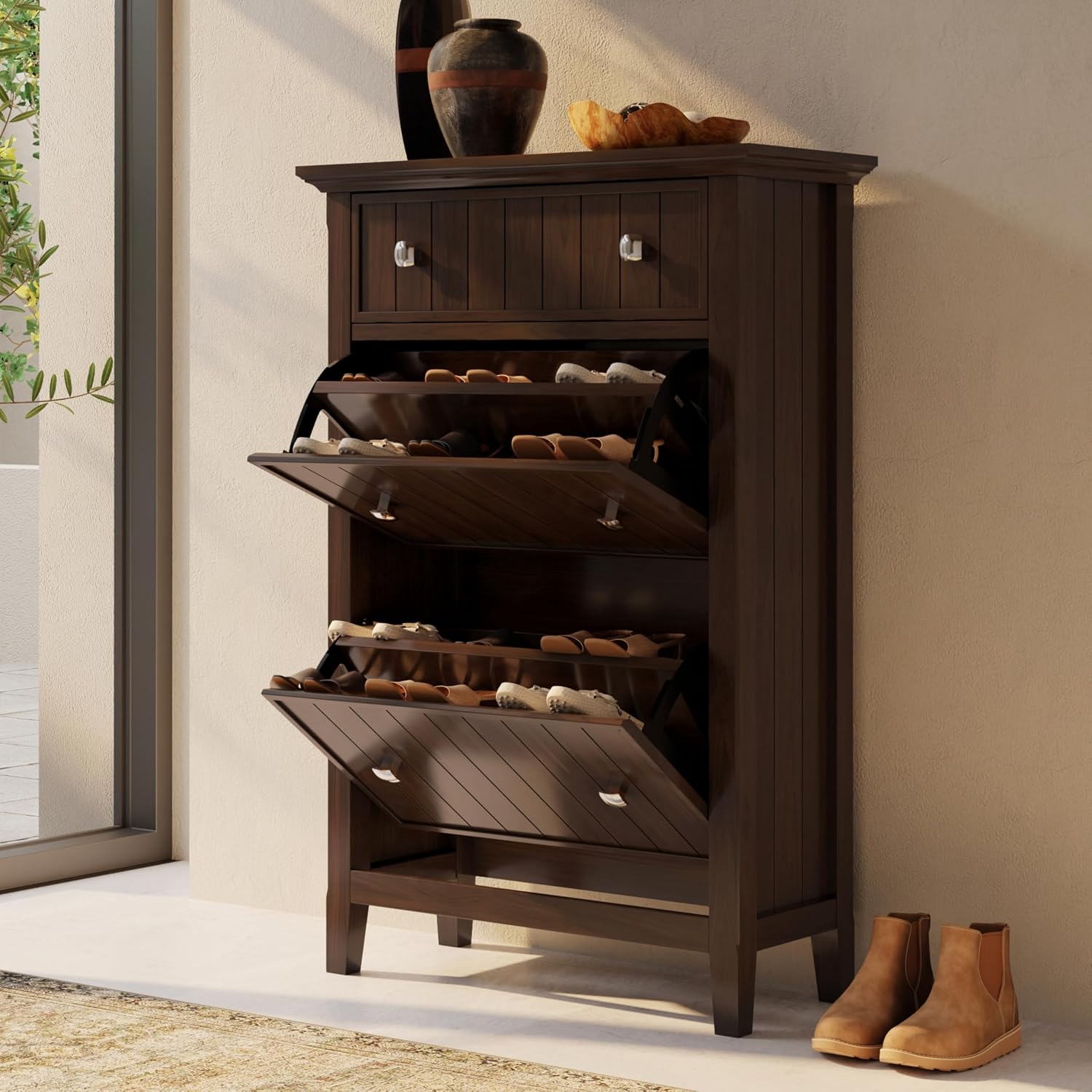 SIMPLIHOME Acadian Storage Cabinet - 32 inch Wide Solid Wood Entryway Shoe Storage Cabinet in Brunette Brown, Transitional Tilt-Out Shoe Organizer for Hallway with Drawer and Brushed Nickel Hardware