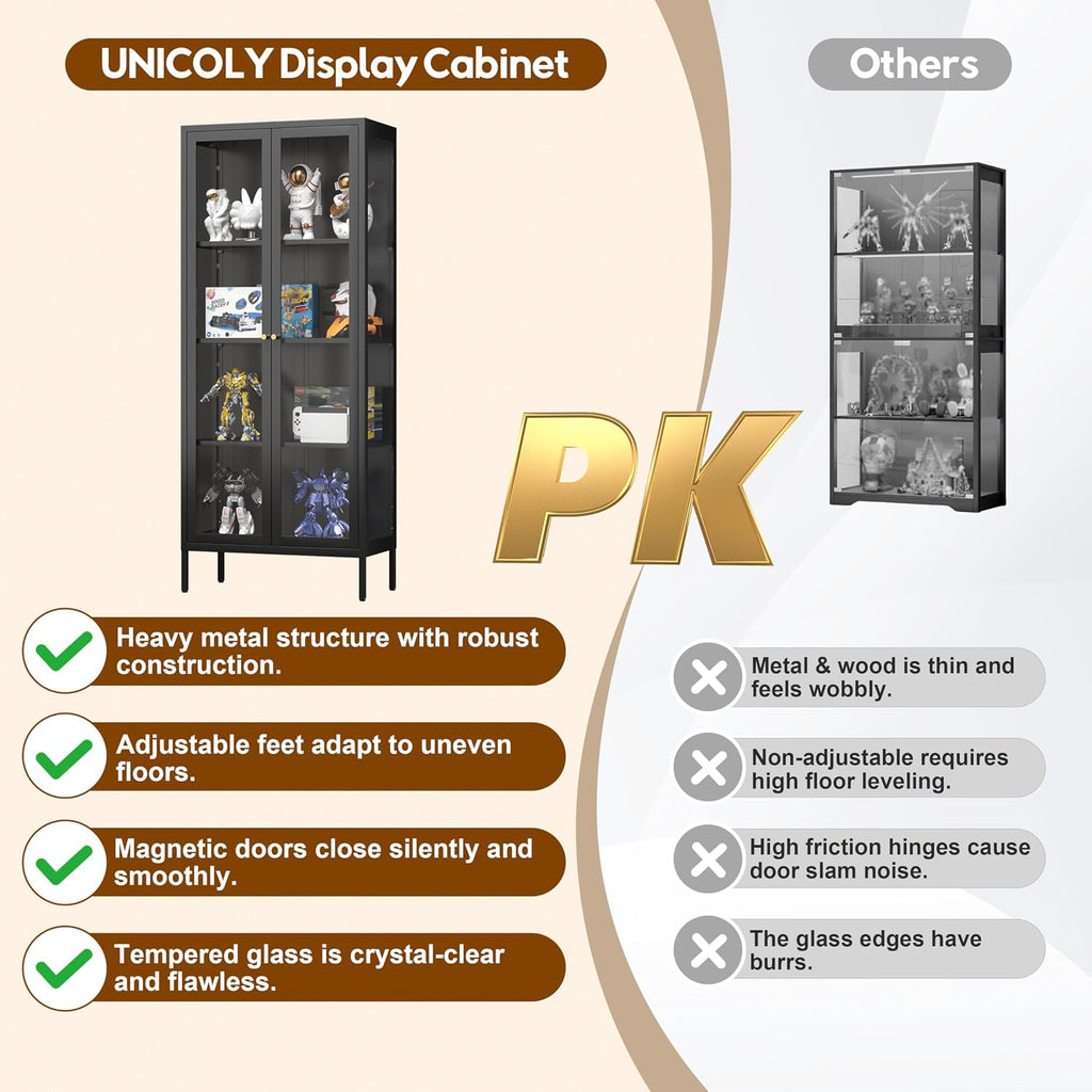 UNICOLY Glass Display Cabinet 4-Tier, Display Cabinet with Glass Doors, Curio Cabinet with Tempered Glasses Doors,Metal Storage Cabinets for Living Room, Plant, Assembly Required, Black