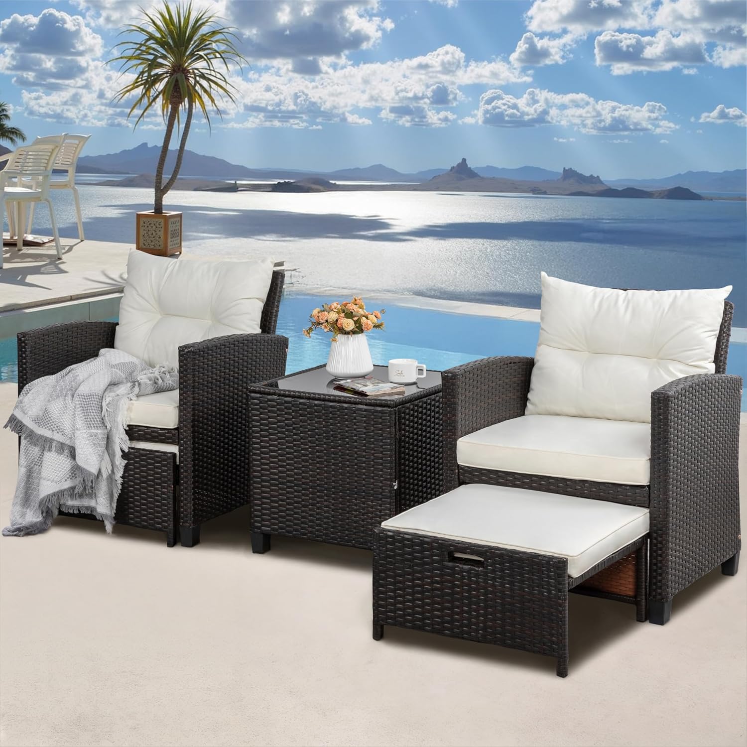 Shintenchi 5 Pieces Patio Furniture Set, Outdoor Wicker Patio Conversation Set with Ottoman, All Weather Rattan Outside Chairs with Coffee Table & Cushion for Porch, Garden, Backyard, Beige