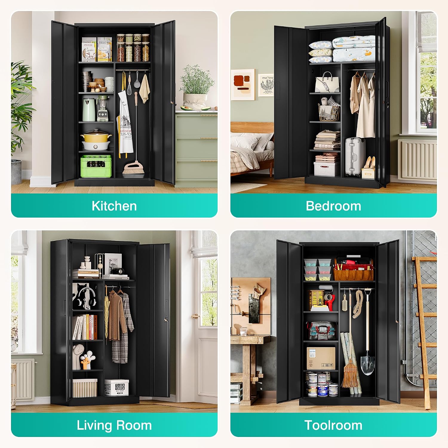 Wide & Deep Metal Storage Cabinet with Hanging Rod,Black Broom Closet Storage Cabinet with Lock,72' Tall Wardrobe Cabinets with Doors and Shelves,Locking Steel Tool Cabinets for Home,Office,Garage