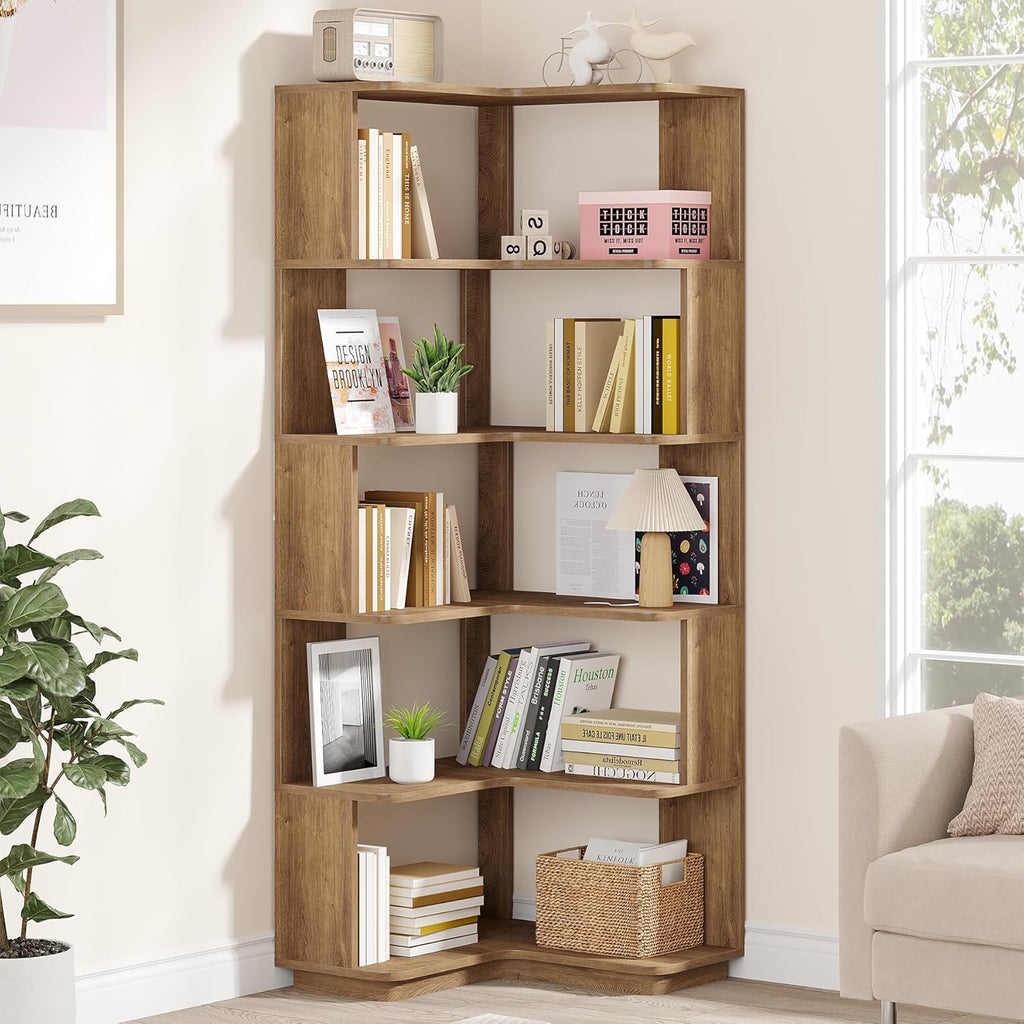 Tribesigns 6 Tier Corner Bookshelf, 64.9 Inches Tall L Shaped Bookcase with Anti-Drop Panel, Freestanding Wood Grain Shelf Display Rack Storage Organizer for Home Office (Light Brown)