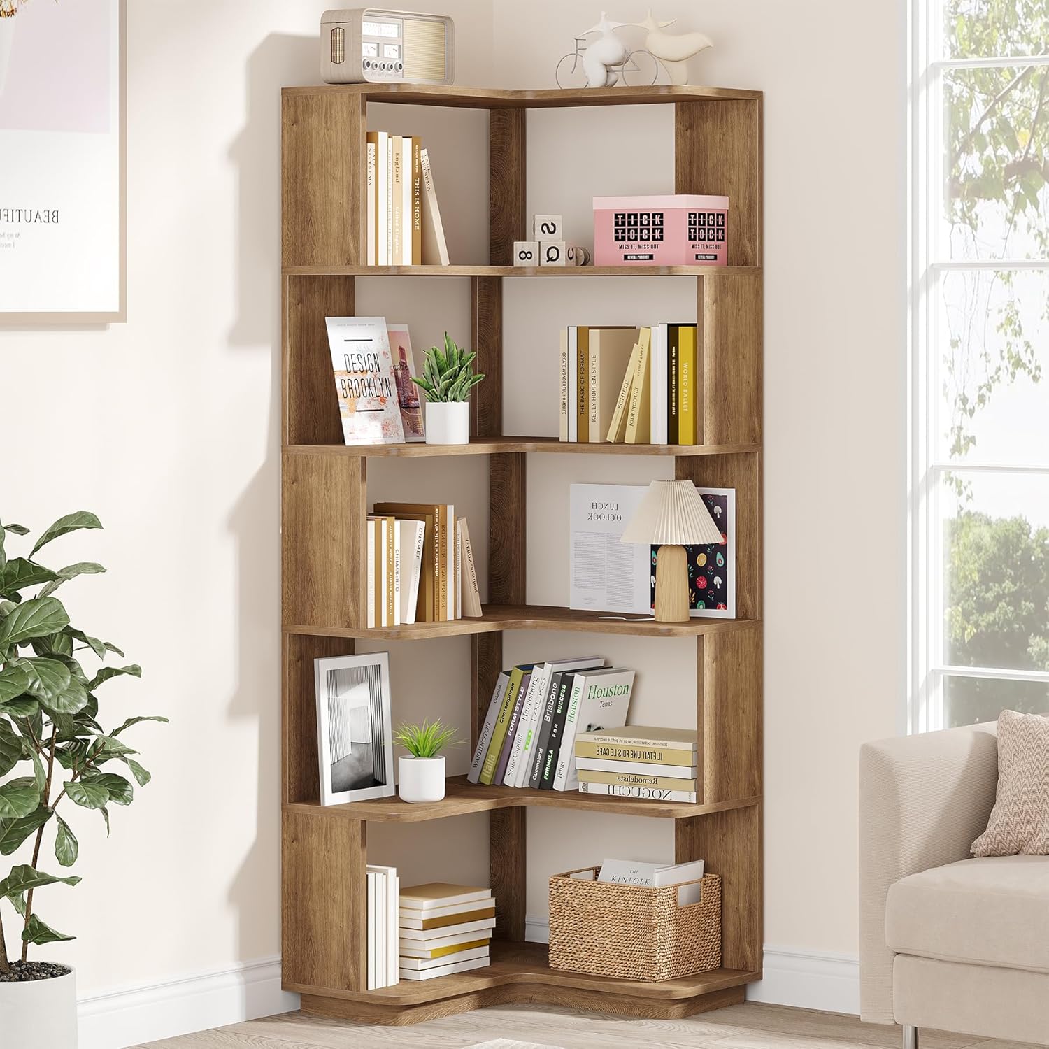 Tribesigns 6 Tier Corner Bookshelf, 64.9 Inches Tall L Shaped Bookcase with Anti-Drop Panel, Freestanding Wood Grain Shelf Display Rack Storage Organizer for Home Office (Light Brown)