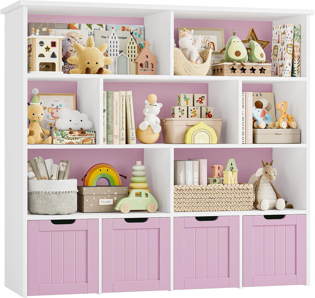 FINETONES Toy Storage Organizer, Kids Bookshelf with 4 Movable Chests and 7 Storage Cubes, Toy Chest Storage with Hidden Wheels, Toy Organizers and Toy Storage, Pink