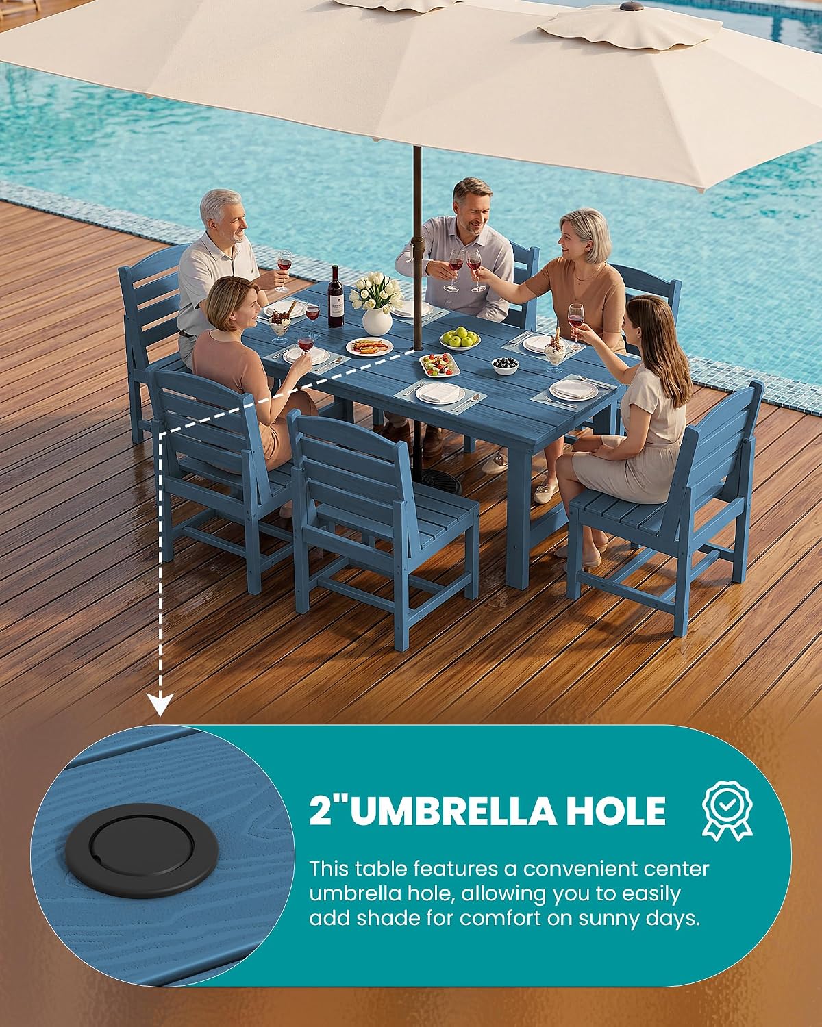 SERWALL Patio Dining Sets for 10 Person, HDPE Dining Set with 2 Tables, 8 Armless Chairs and 2 Armed Dining Chairs, Blue