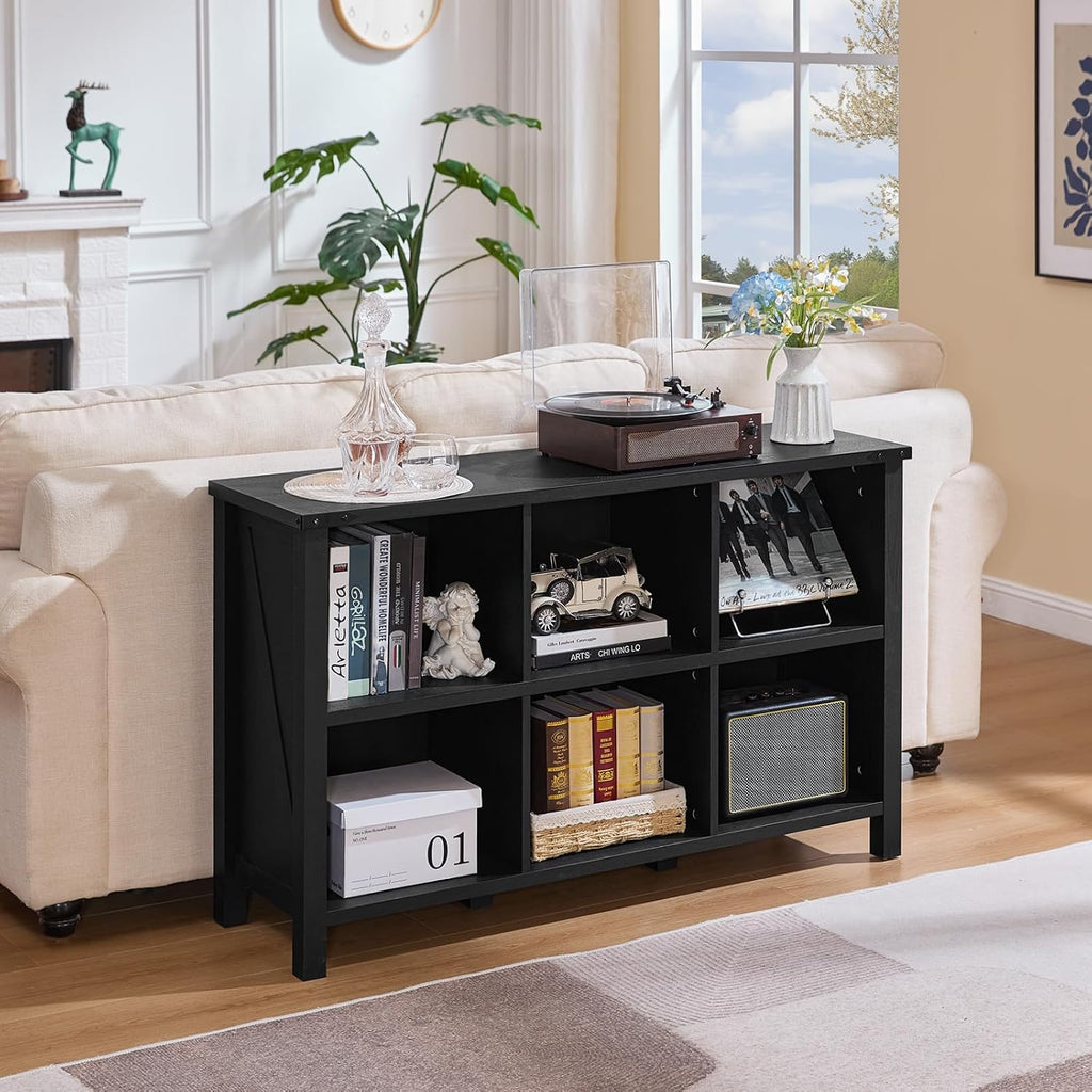 Joaxswe 6 Cube Bookcase, Farmhouse Wood Low Storage Organizer Book Shelf, Black 47' Horizontal Console Bookshelf with Legs, Hallway Book Case for Entryway, Display Cabinet for Living Room, Office