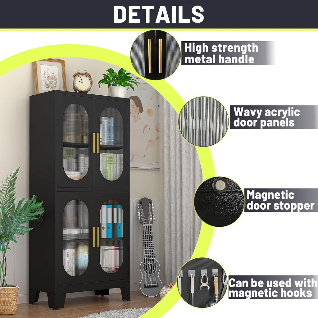 PAOFIN 61' Black Pantry Storage Cabinet, Kitchen Pantry Cabinet with Acrylic Glass Doors and Shelves, with Adjustable Leveling Foot for Kitchen, Living Room and Dining Room. 61'
