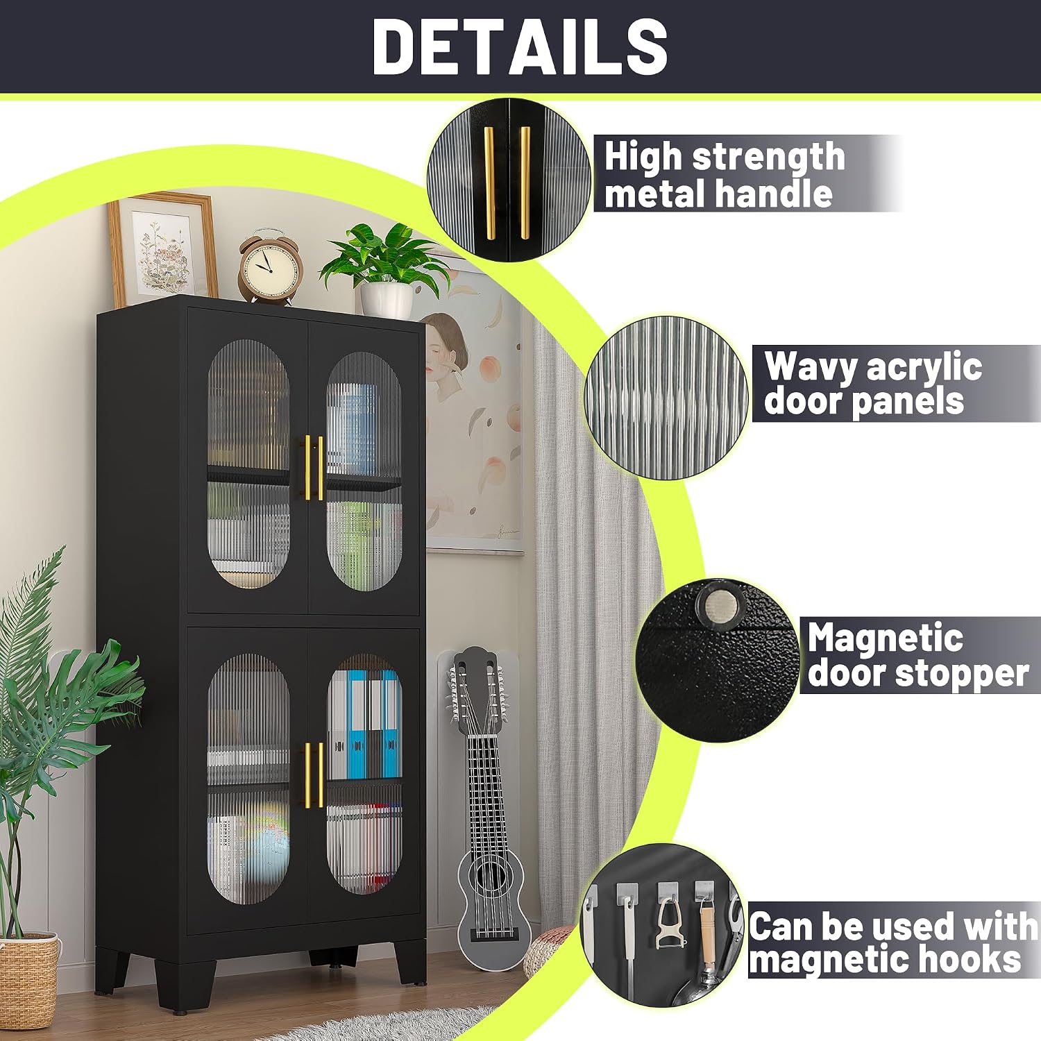PAOFIN 61' Black Pantry Storage Cabinet, Kitchen Pantry Cabinet with Acrylic Glass Doors and Shelves, with Adjustable Leveling Foot for Kitchen, Living Room and Dining Room. 61'