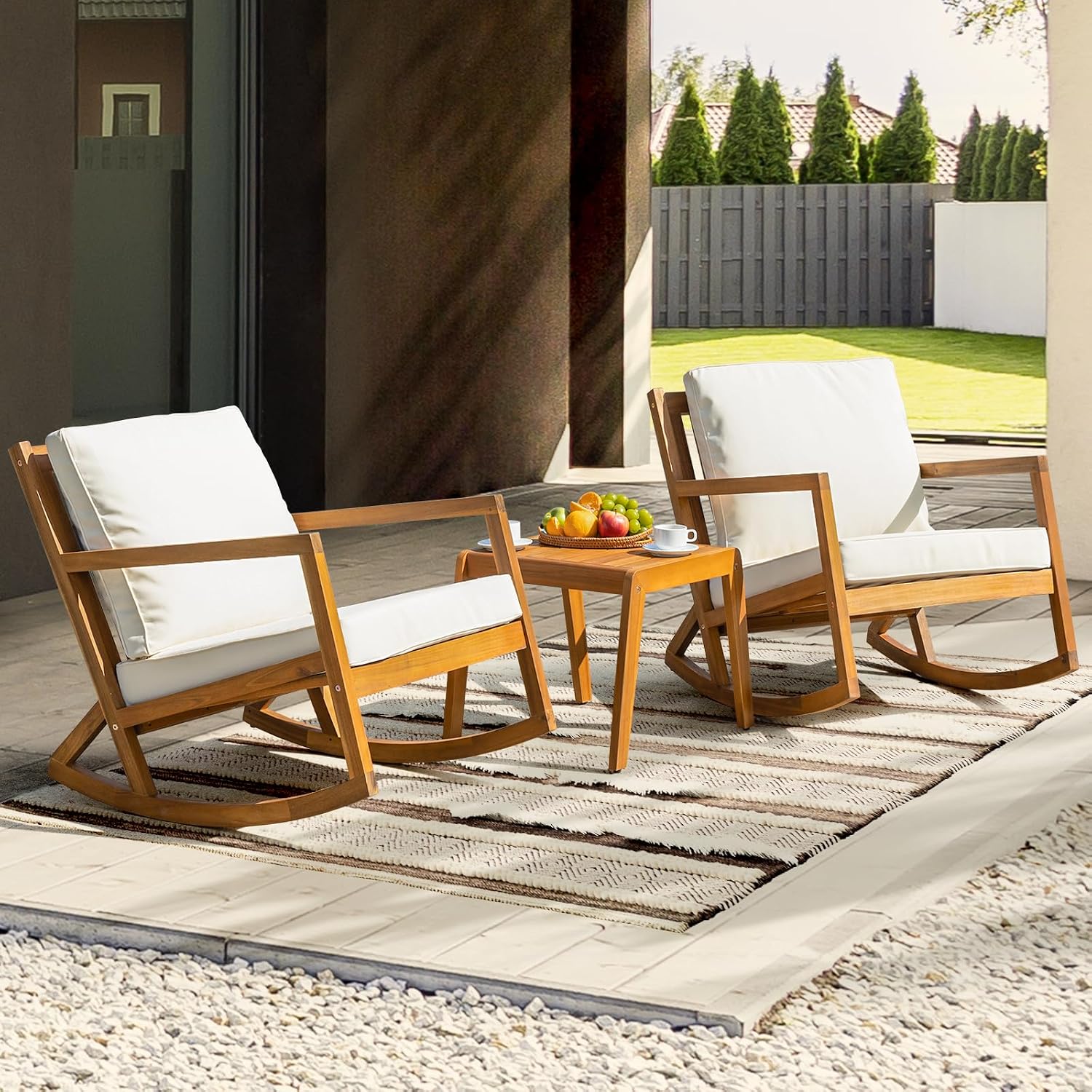 IDZO Rocking Chairs Design Heavy Duty 400lbs Capacity Wood Patio Bistro Set 3 Piece Outdoor