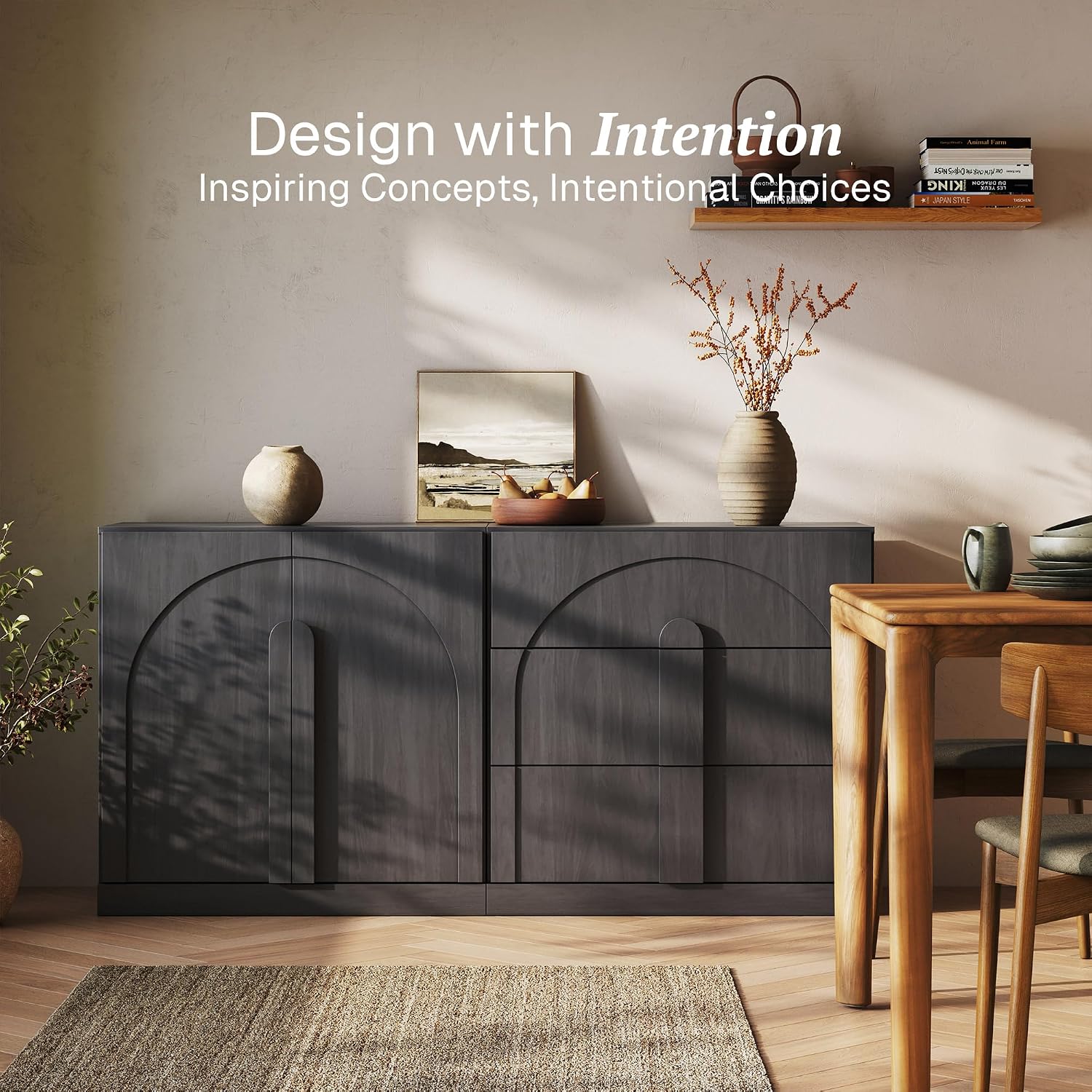 BELLEZE Modular Sideboard Cabinet with Storage, 2-Piece Modern Buffet Cabinet with Adjustable Shelf and 3 Drawers, Media Console Minimalist Credenza for Living Room Kitchen Dining Room, Ebony