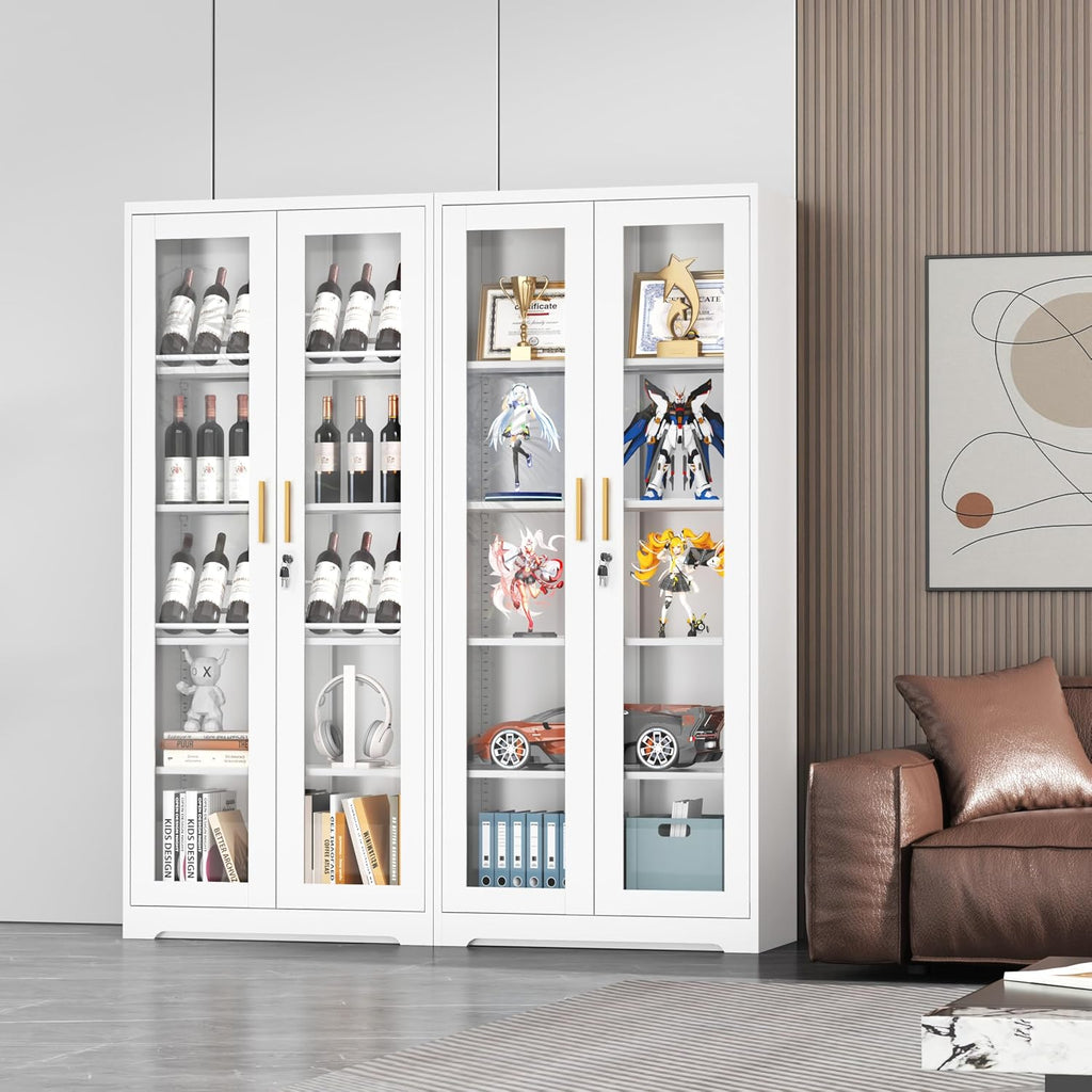 UNICOLY Lockable Display Cabinet with Glass Doors, Curio Cabinets with 4 Adjustable Shelves, Liquor Bookcase Bookshelf with Doors, Metal Storage Cabinet for Living Room Pantry, White