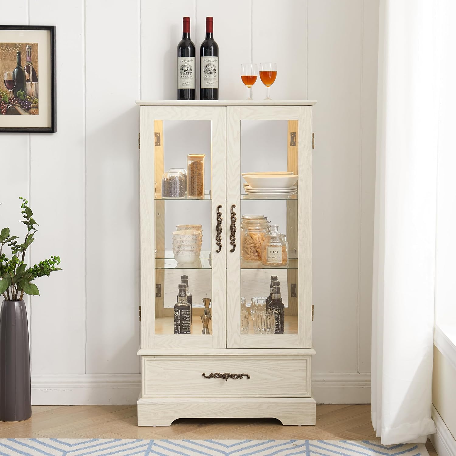 3-Tier Lighted Curio Display Cabinet, 47' H Glass Accent Storage Cabinet with Adjustable Glass Shelves & 1 Drawer, Wooden Wine Display Case with Mirrored Back Panel for Living Room (White)